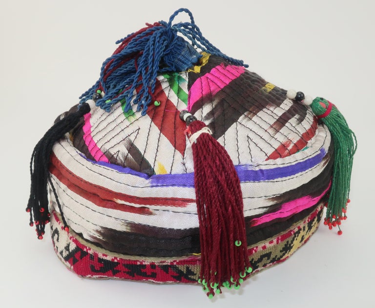 Early 20th Century Colorful Central Asian Quilted Beaded Hat For Sale 4