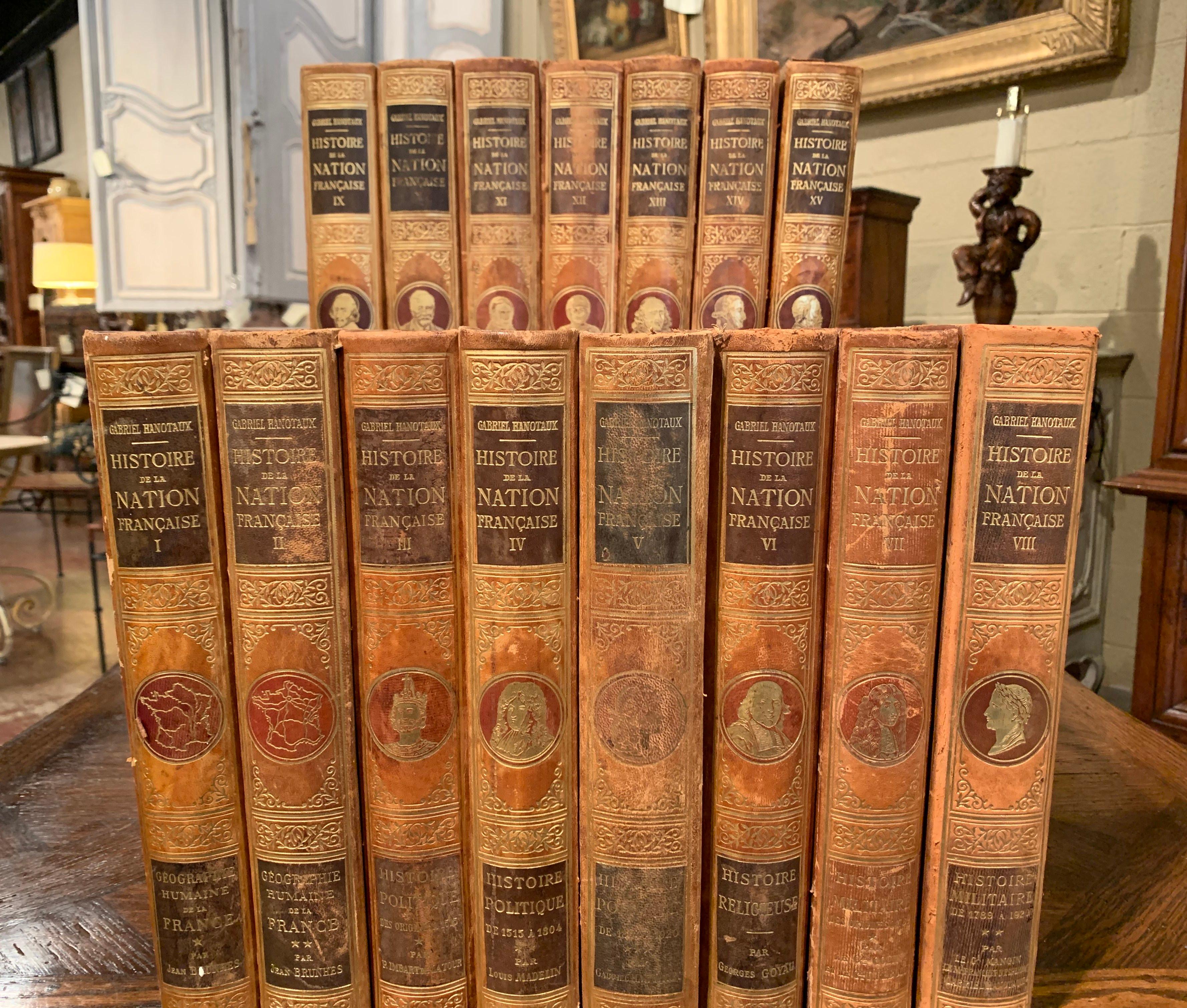 This set of 15 antique books was printed in France, circa 1920. With leather bound and gilt tooling and titled 