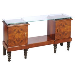 Console Art Deco, entrance cabinet, in burl walnut and ebonized walnut.