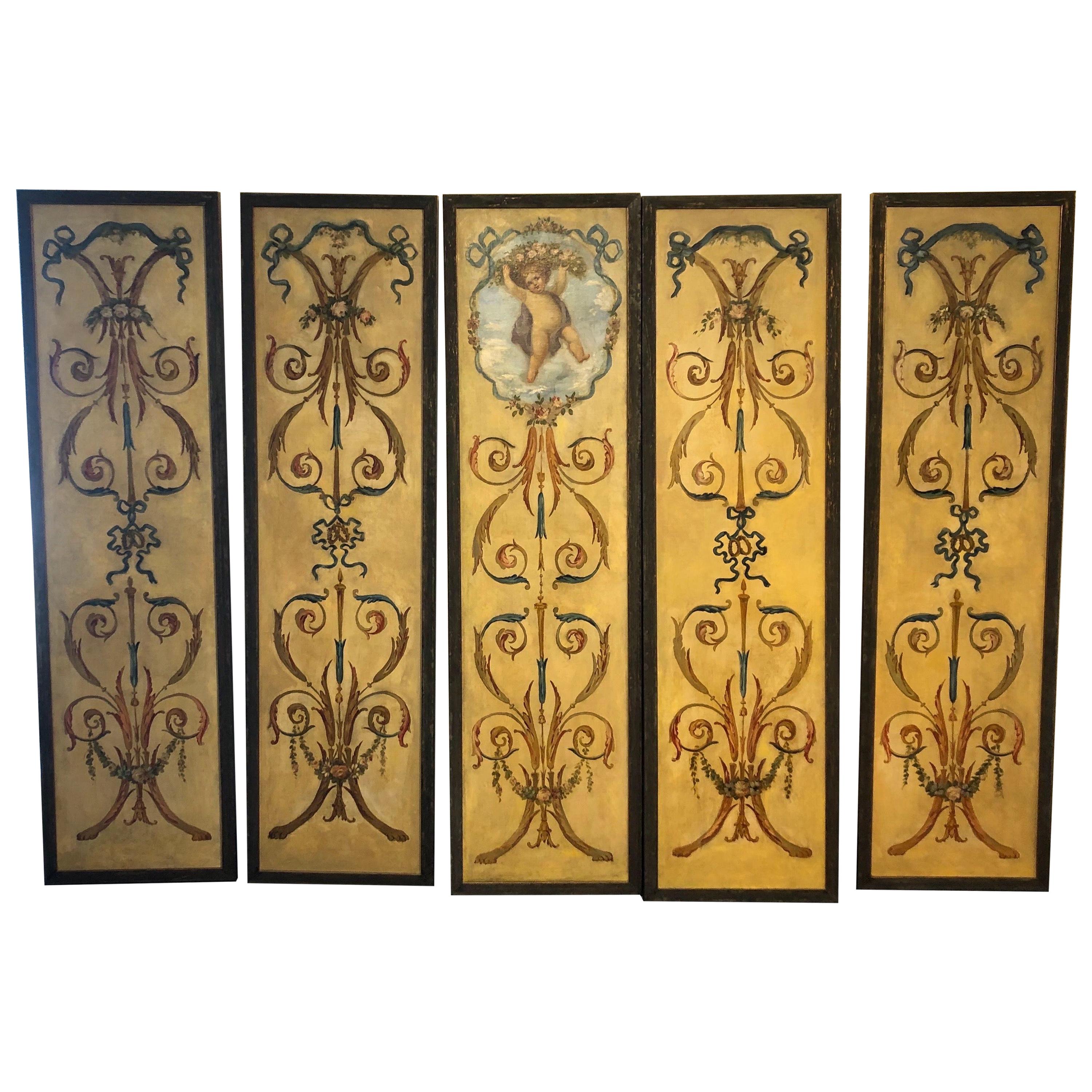 Set of 5 Early 20th Century Continental Hand Painted Neoclassical Style Panels