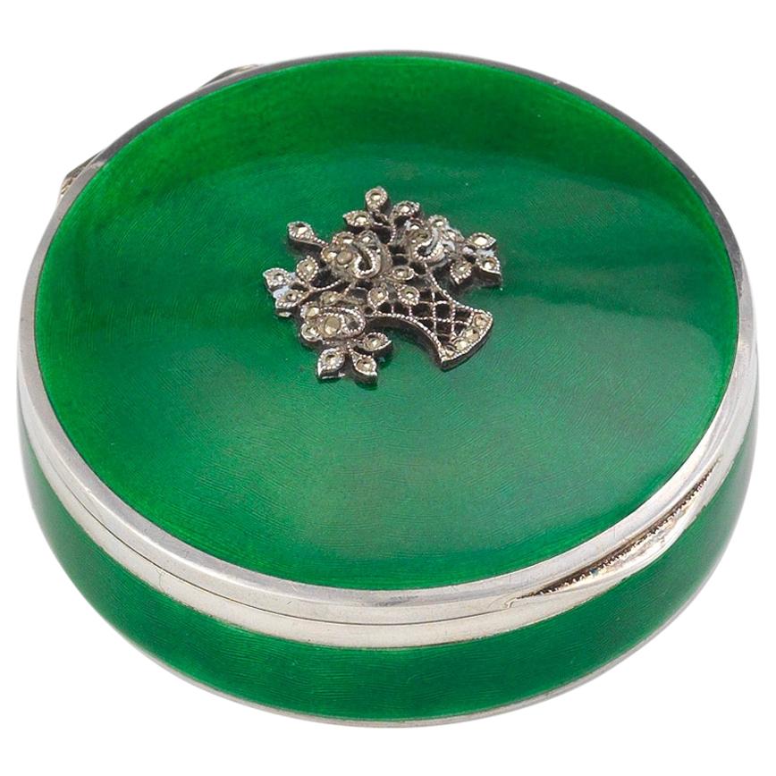 Early 20th Century Continental Silver Gilt and Green Guilloche Enamel Box