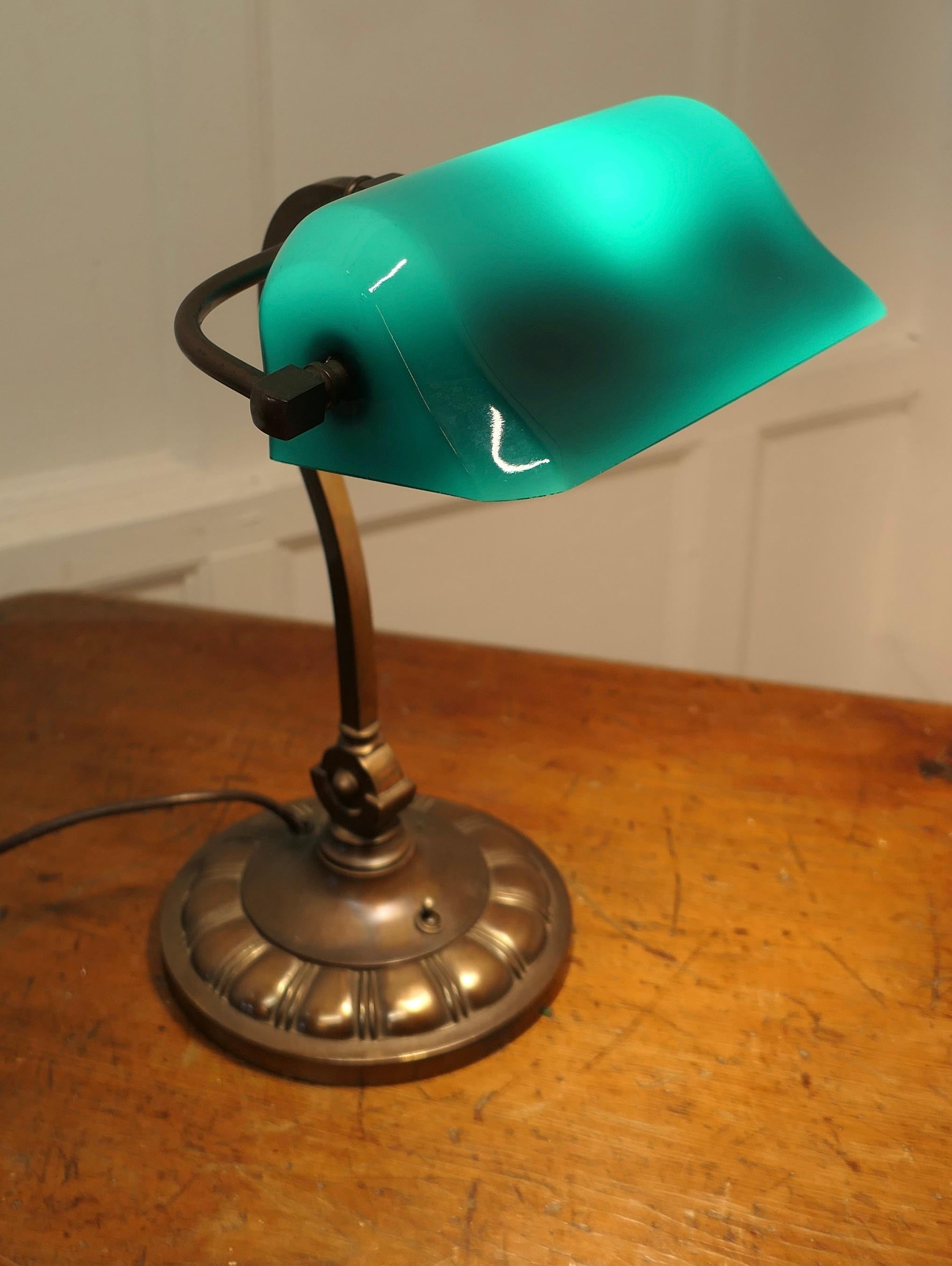 Art Deco Early 20th Century Copper and Green Glass Barrister’s Desk Lamp    For Sale