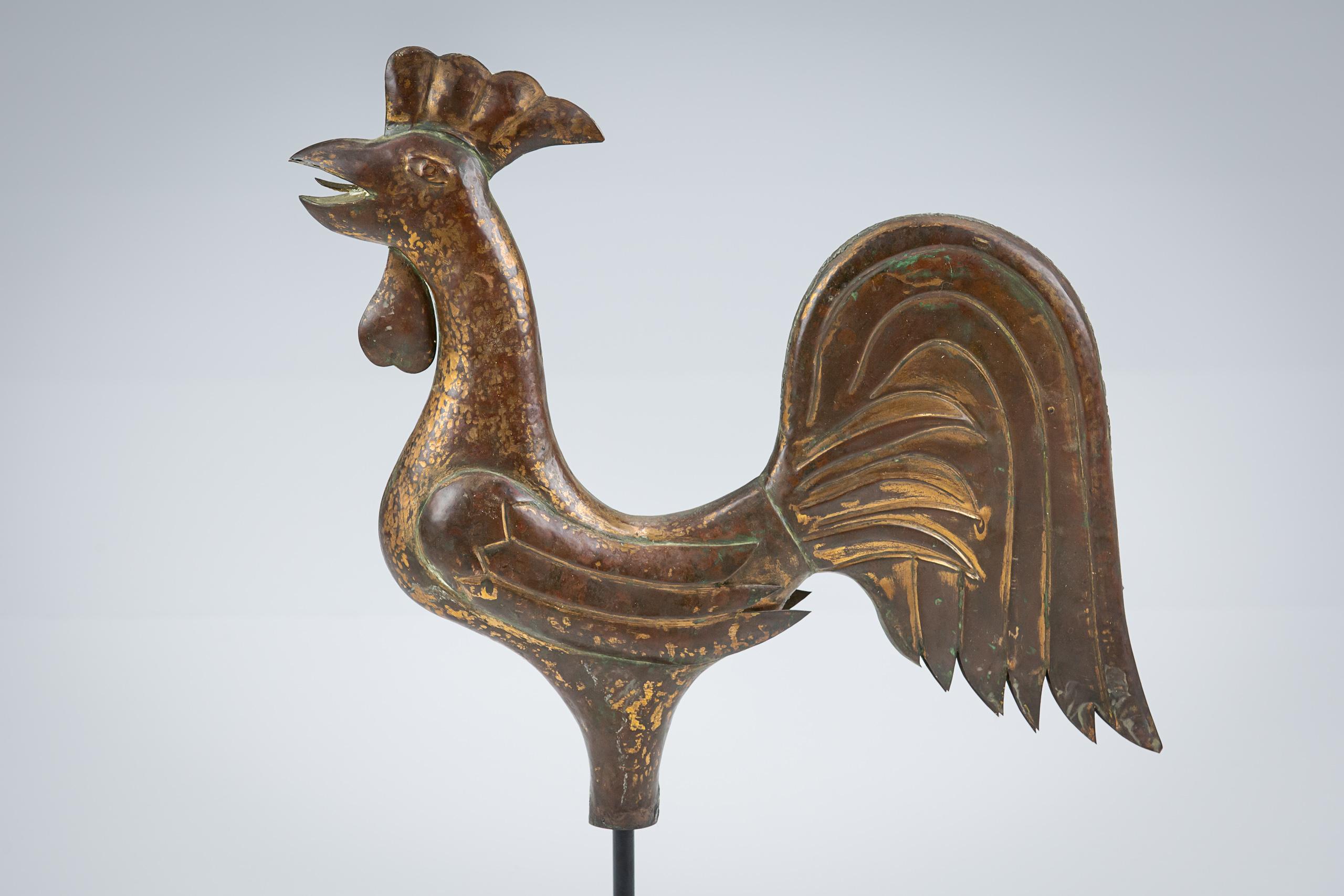 Early 20th Century Full Bodied Copper Cockerel Weathervane, Excellent condition. Later Stand.

France Circa 1900.