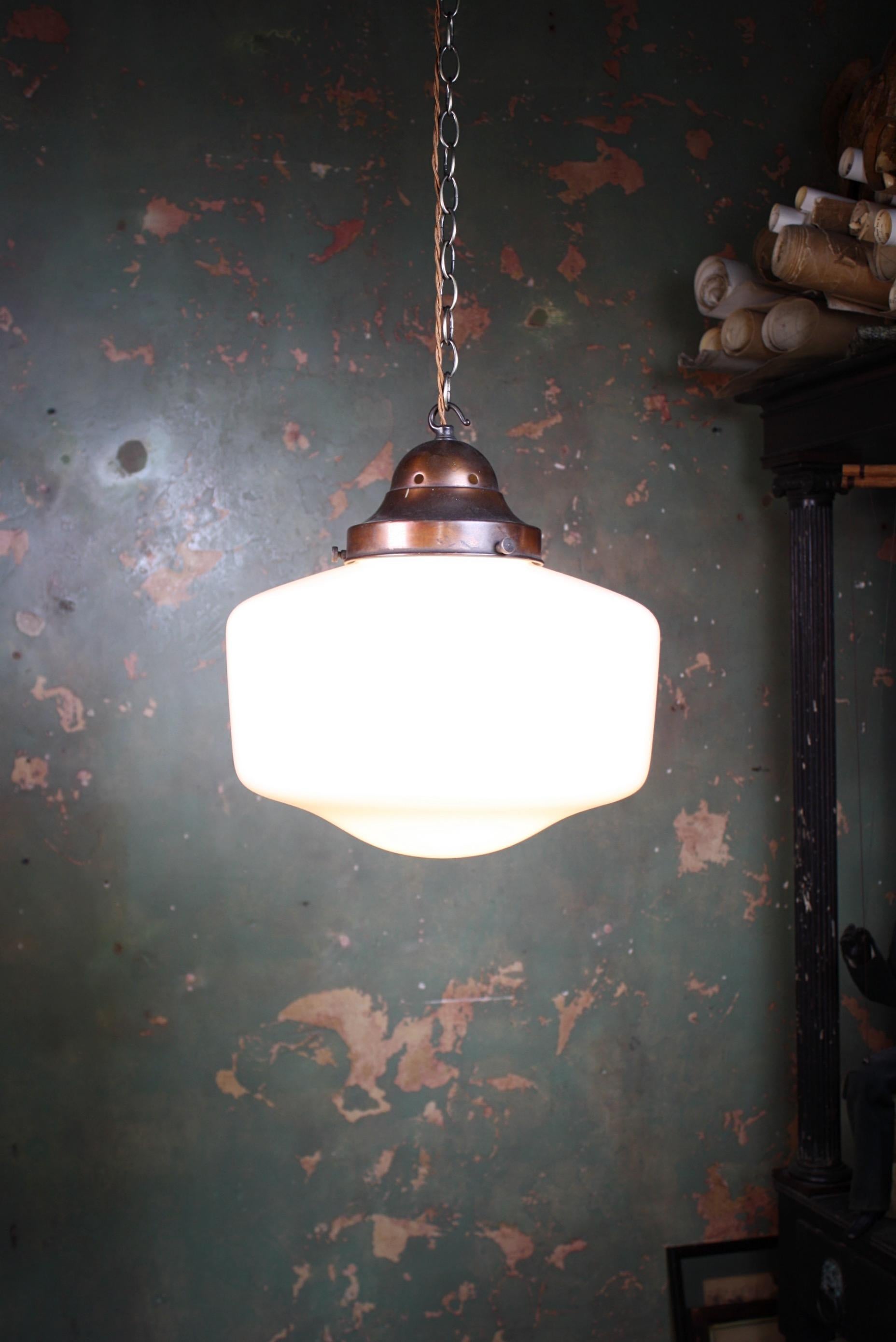Edwardian Early 20th Century Copper and Opaline Glass Opticians Pendant Light