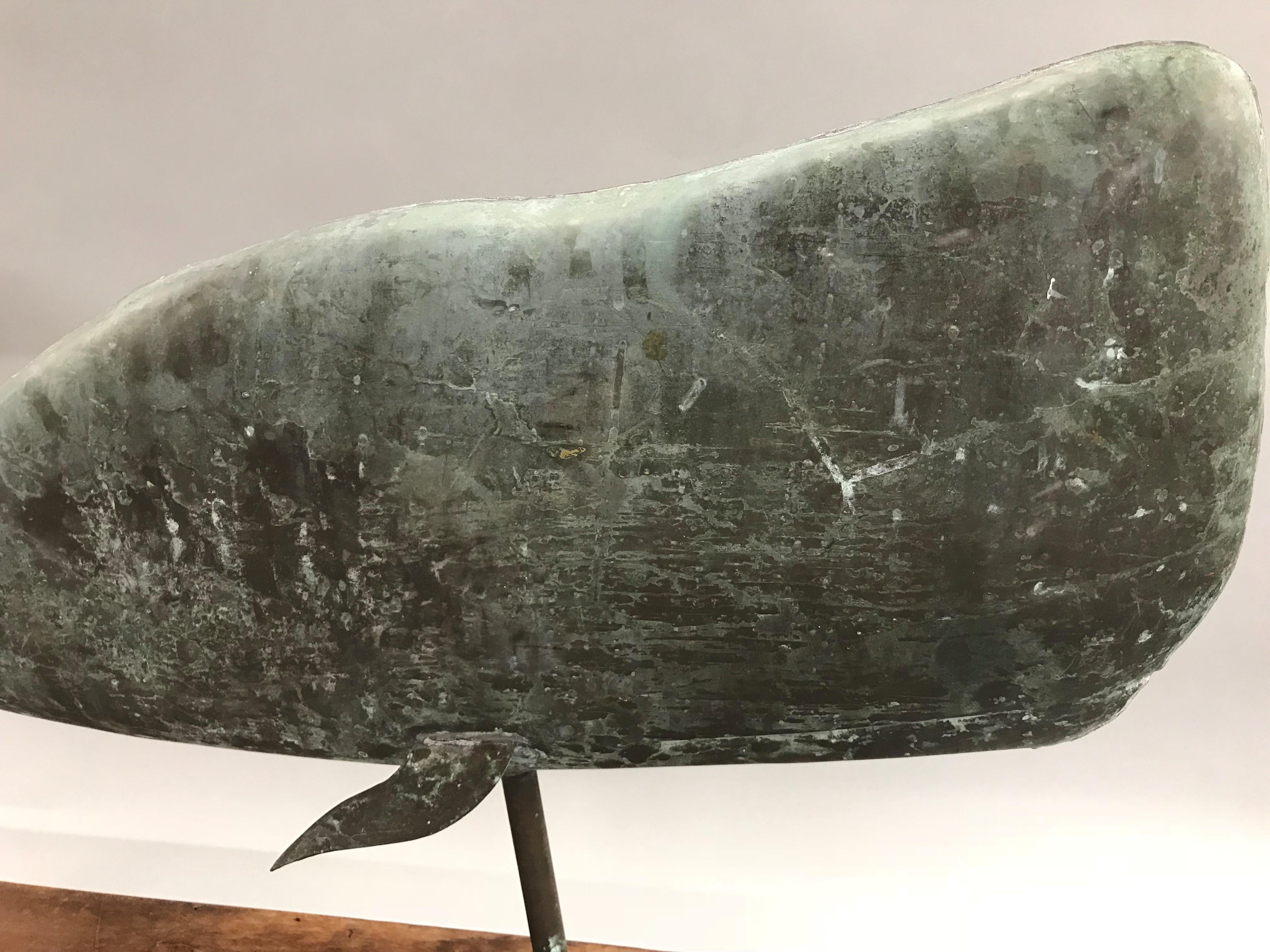 A fine example of a hollow copper whale form weathervane, mounted on a wooden stand, probably dating to the late 19th or early 20th century, in very good overall condition, with great patina and verdigris, with expected surface scratches and wear