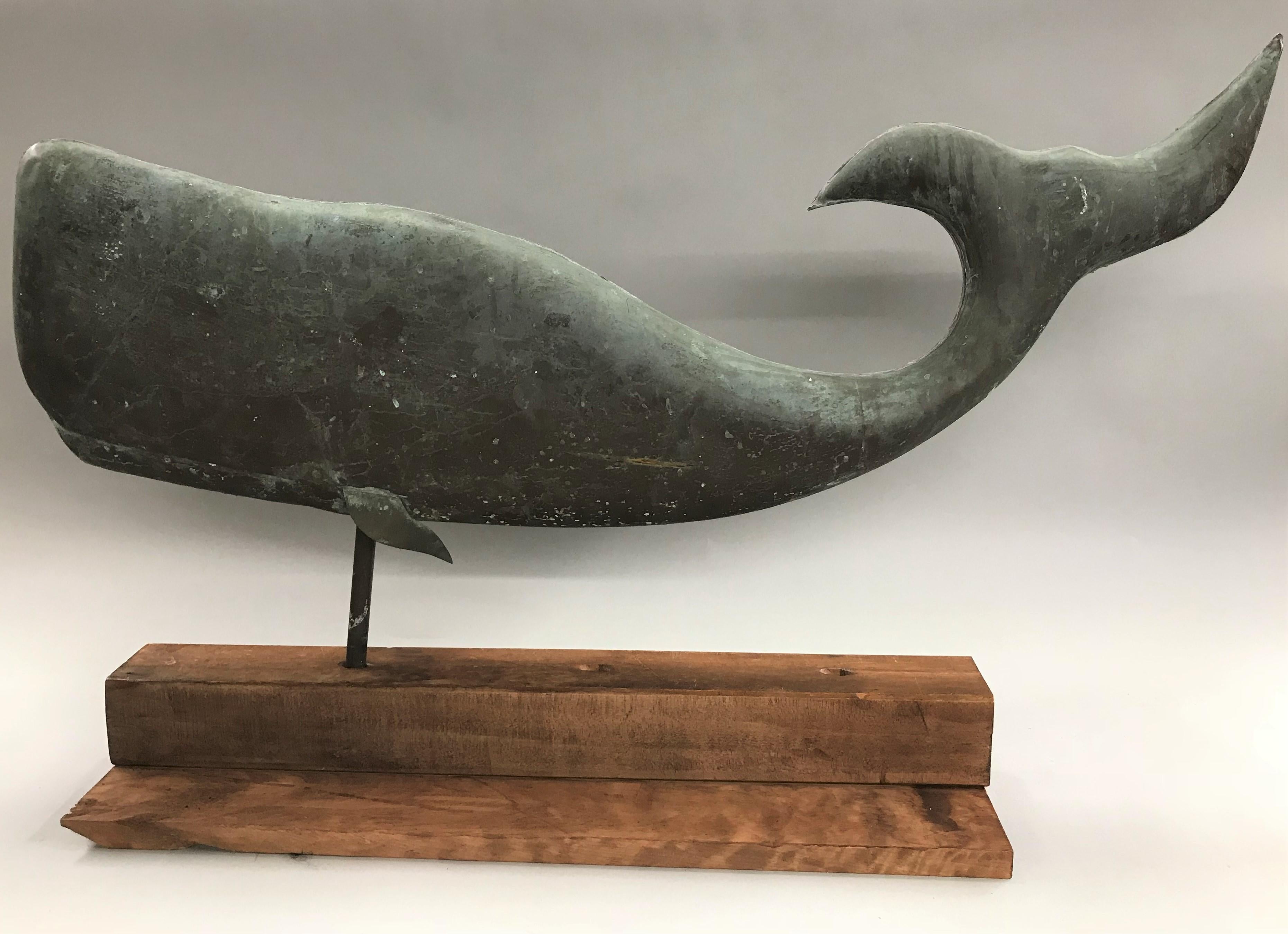 American Early 20th Century Copper Whale Weathervane on Wooden Stand