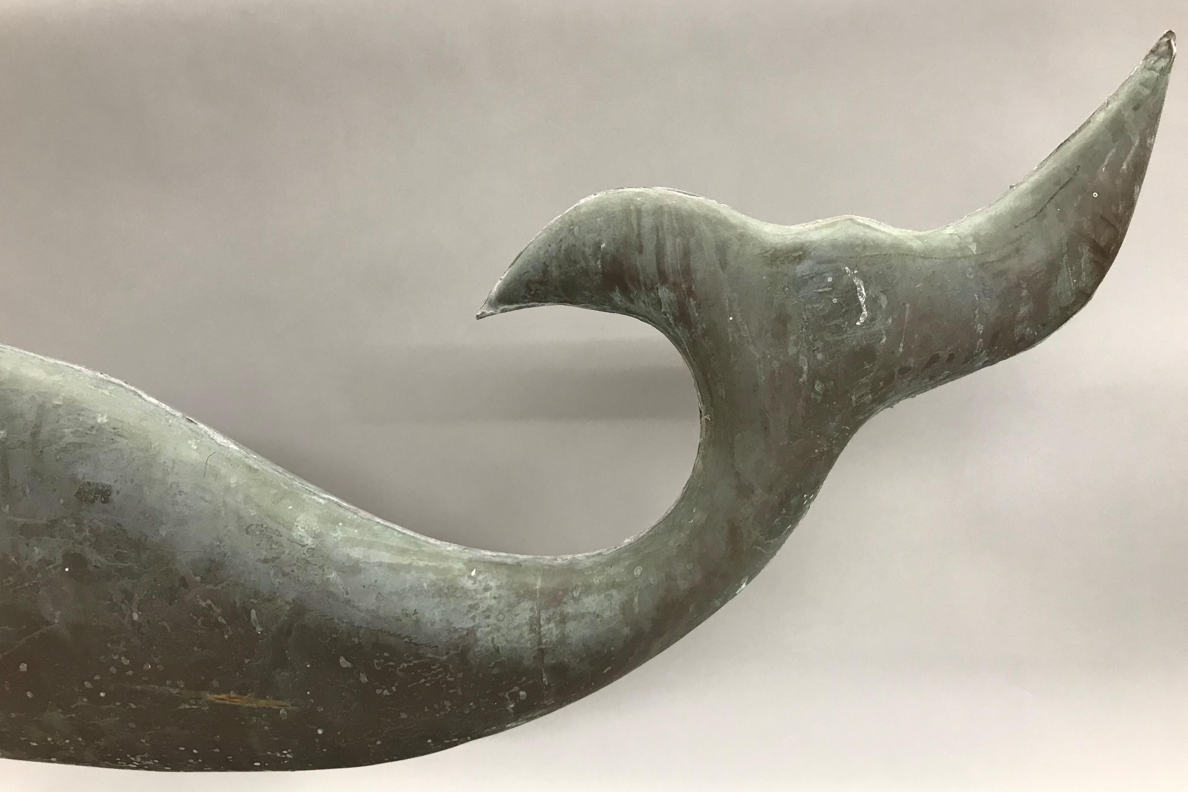 Early 20th Century Copper Whale Weathervane on Wooden Stand In Good Condition In Milford, NH