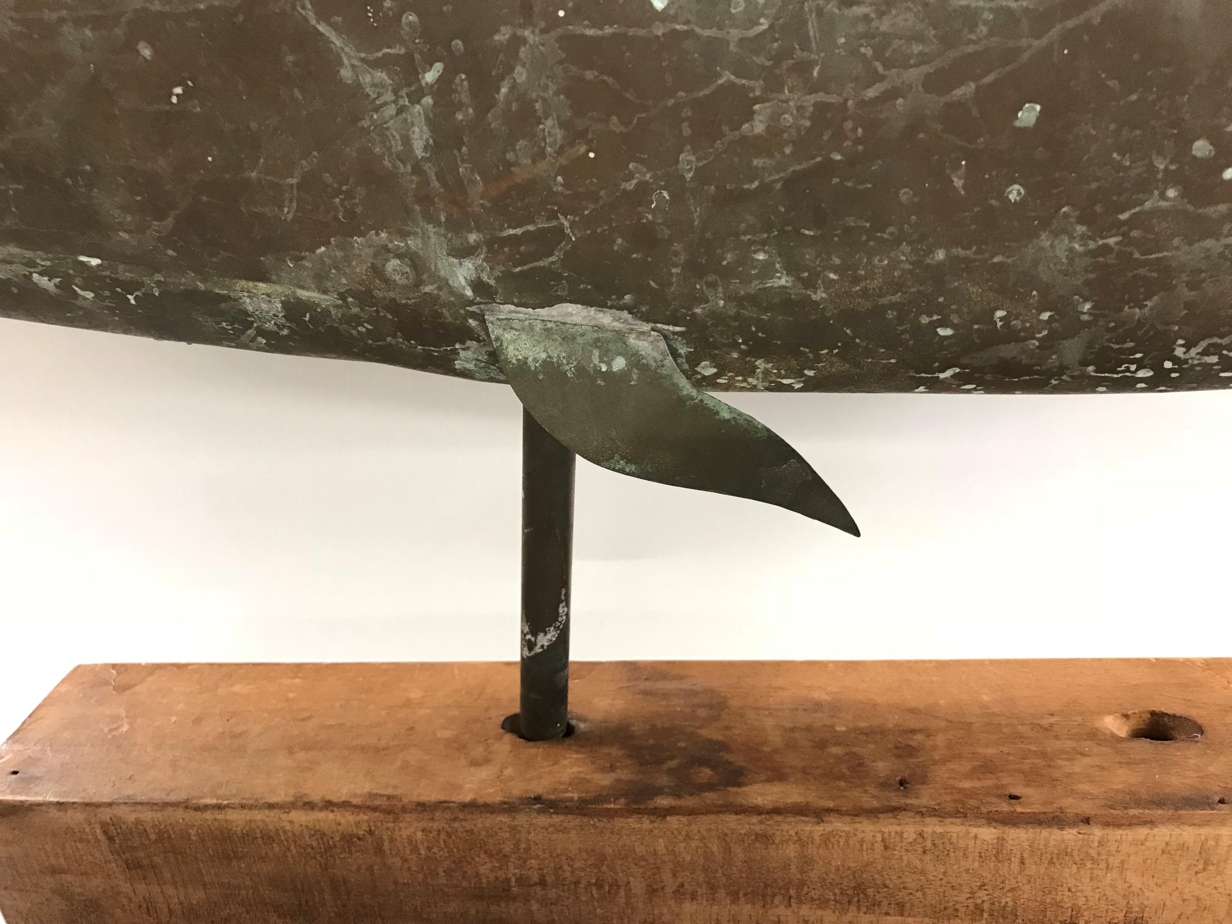 19th Century Early 20th Century Copper Whale Weathervane on Wooden Stand