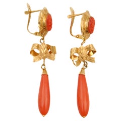 Antique Early 20th Century Coral 18 Karat Gold Bow Drop Earrings