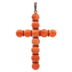 Antique Early 20th Century Coral and Diamond Cross