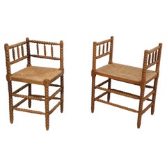 Antique Early 20th Century Cottage Style Bobbin Corner Chair and Matching Backless Stool