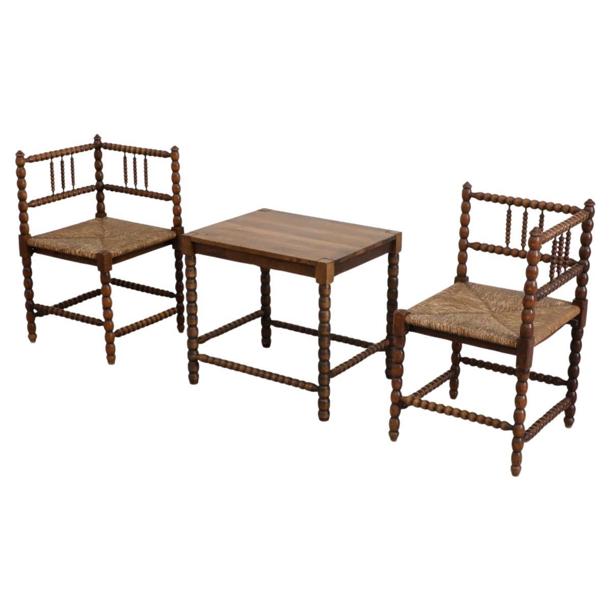 Early 20th Century Cottage Style Bobbin Corner Chairs and Matching Lounge Table