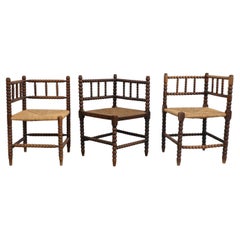 Early 20th Century Cottage Style Bobbin Corner Chairs with Rush Seating