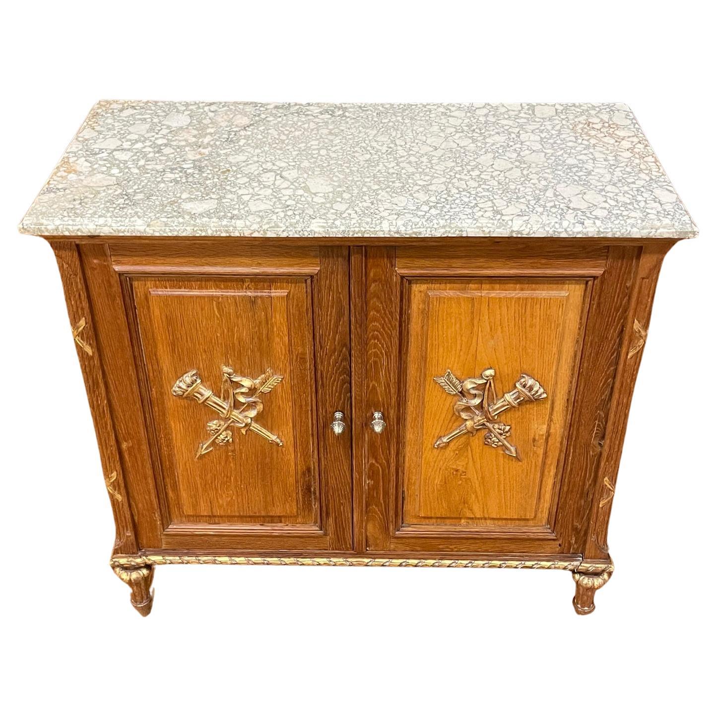 Early 20th Century Country French Oak Marble Top Server Cabinet 