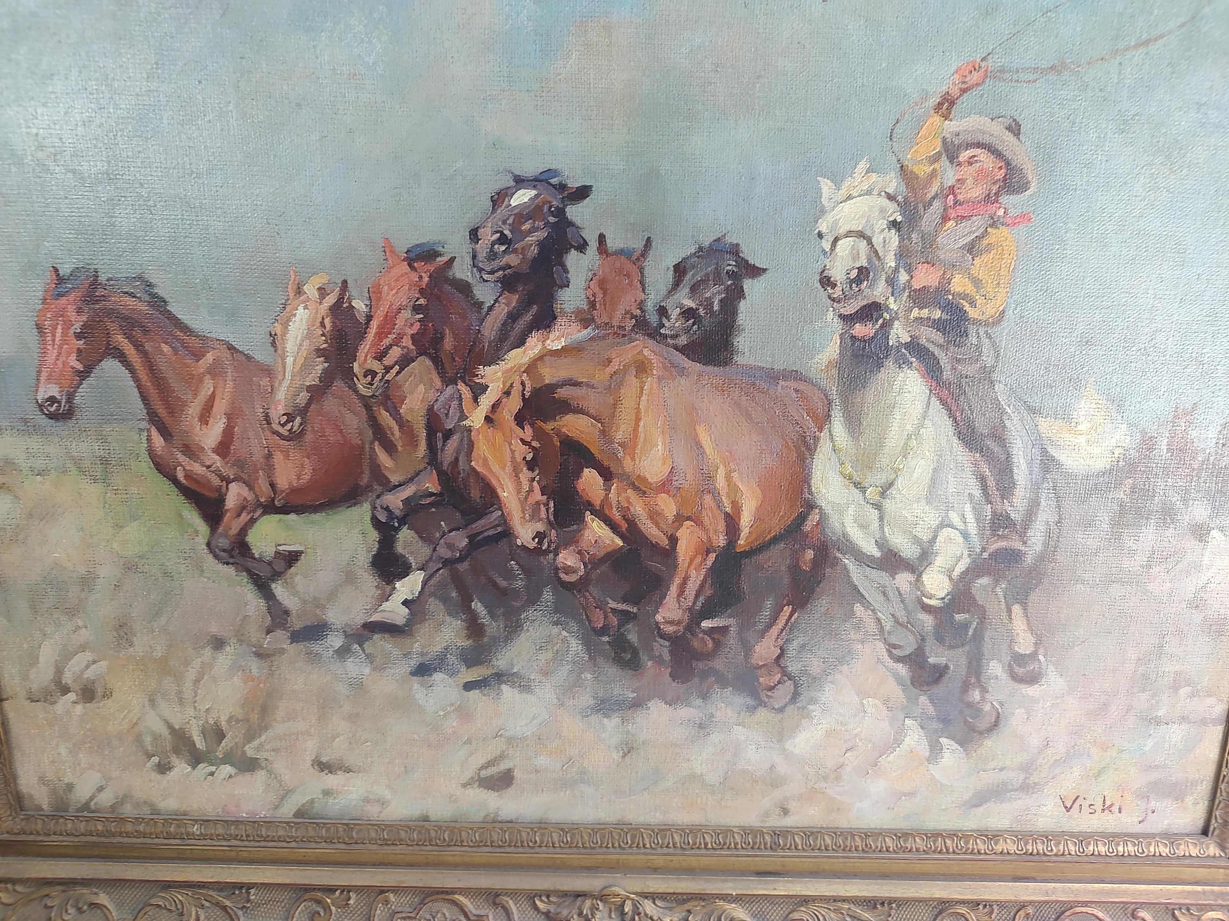 Early 20th Century Cowboy Roping Wild Horses Scene Janos Viski Hungarian Artist 3