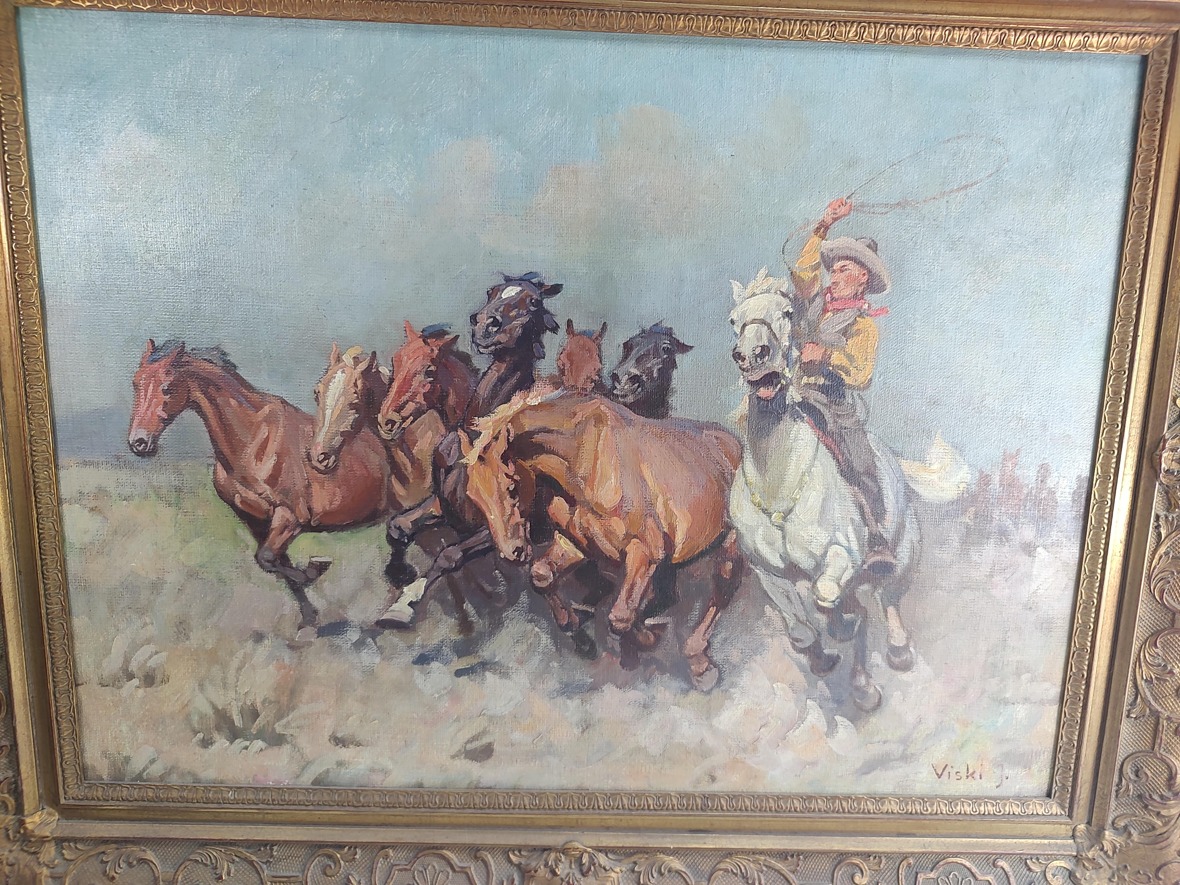 Early 20th Century Cowboy Roping Wild Horses Scene Janos Viski Hungarian Artist 4