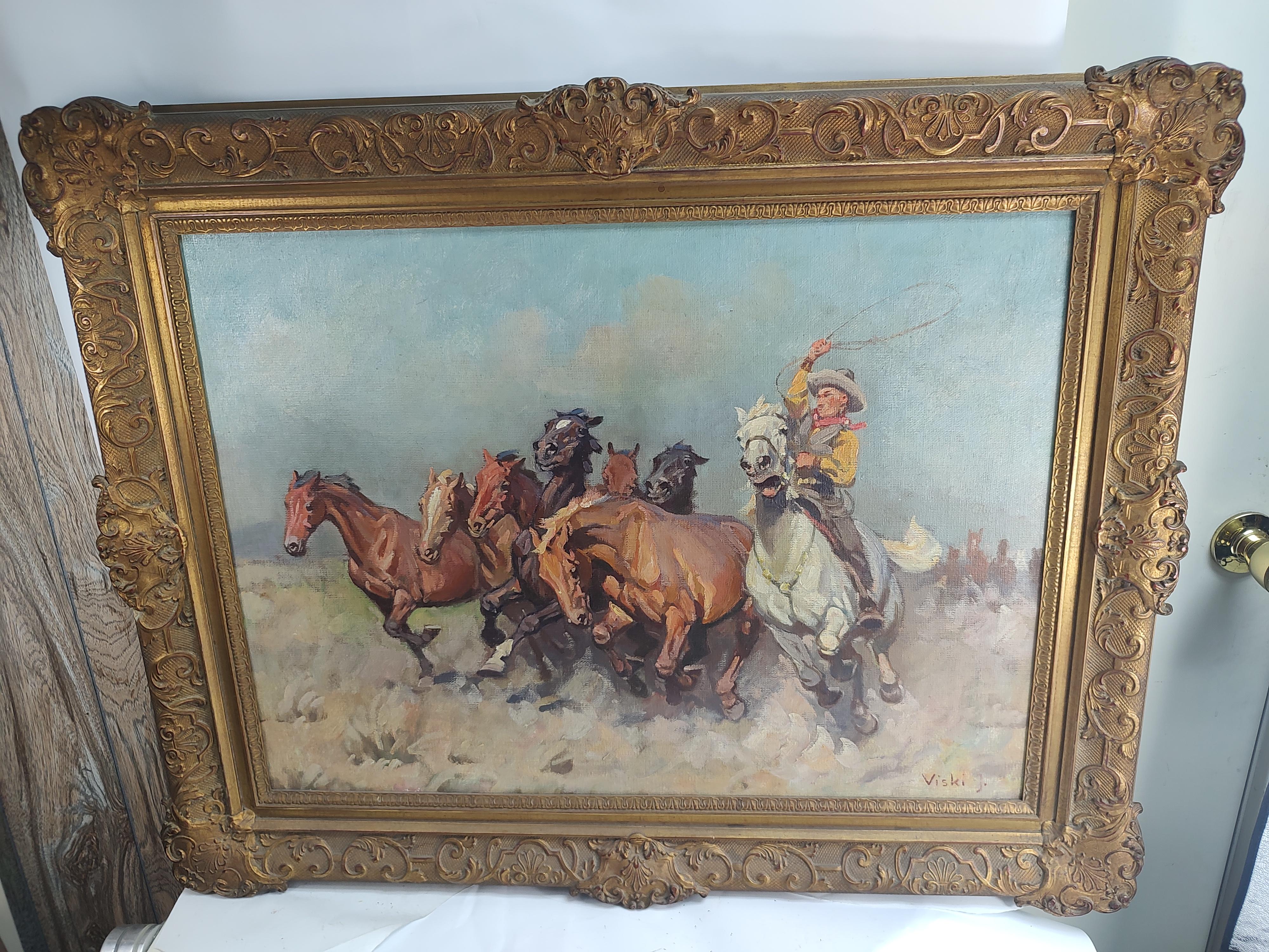Early 20th Century Cowboy Roping Wild Horses Scene Janos Viski Hungarian Artist 5
