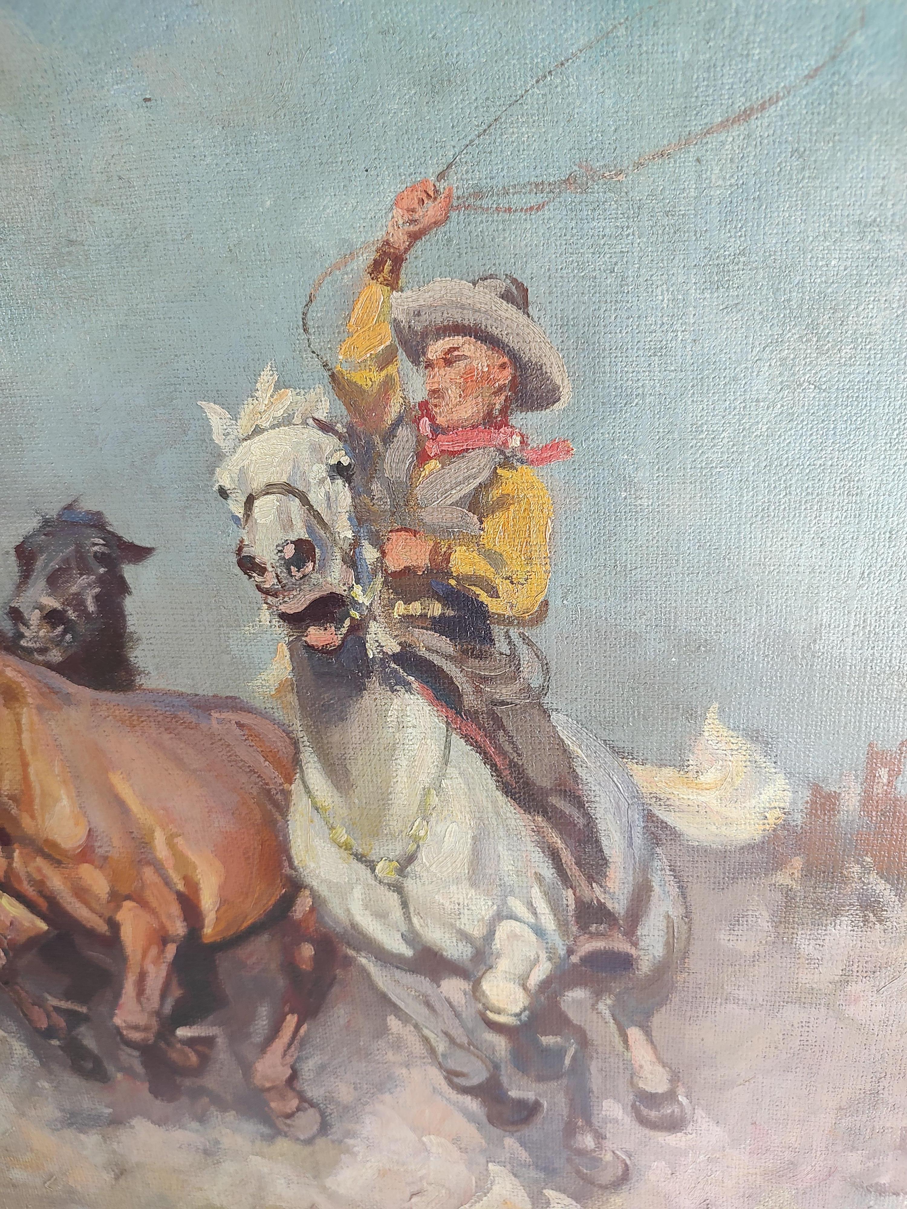 Gilt Early 20th Century Cowboy Roping Wild Horses Scene Janos Viski Hungarian Artist