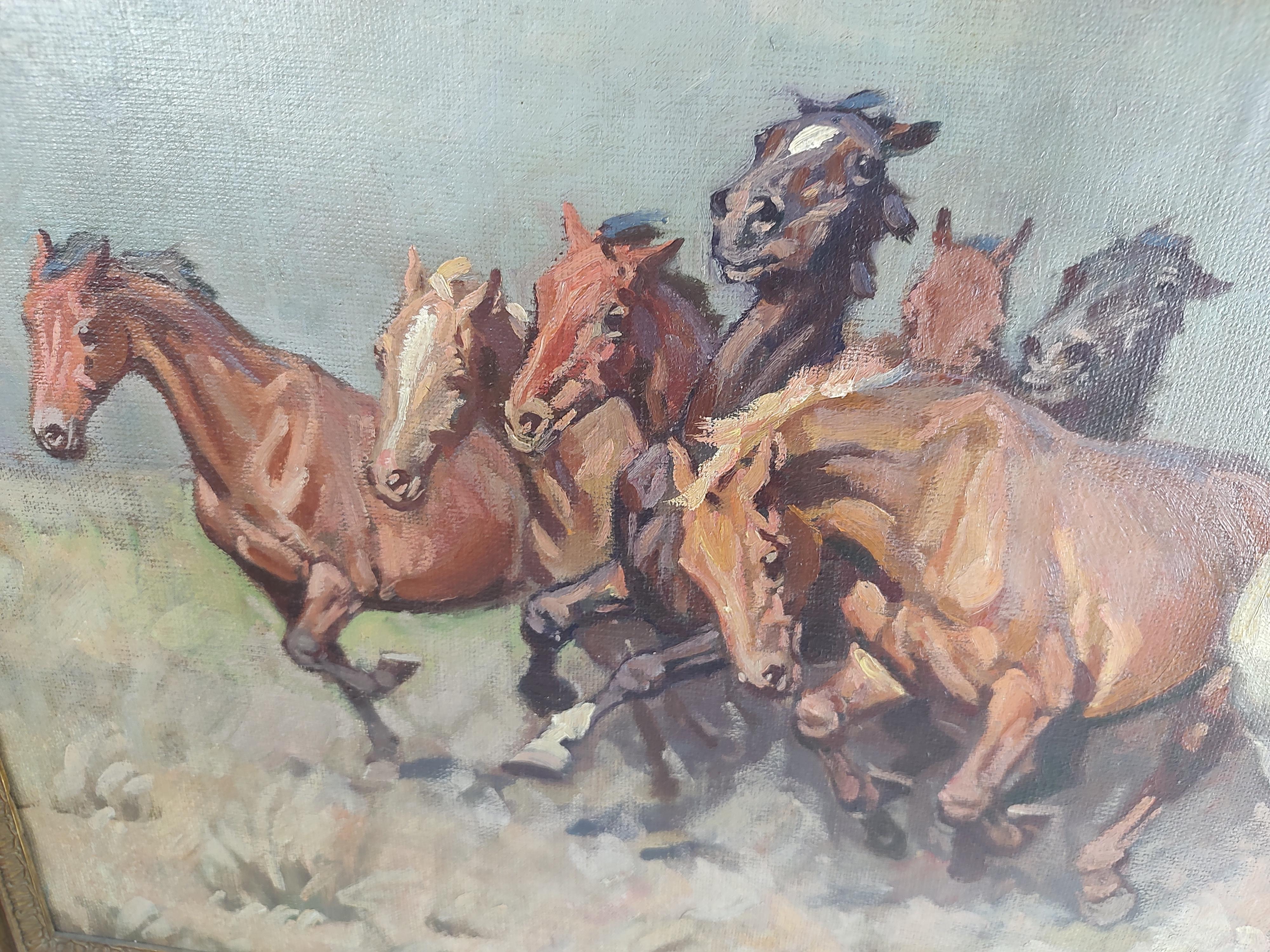 Early 20th Century Cowboy Roping Wild Horses Scene Janos Viski Hungarian Artist 1
