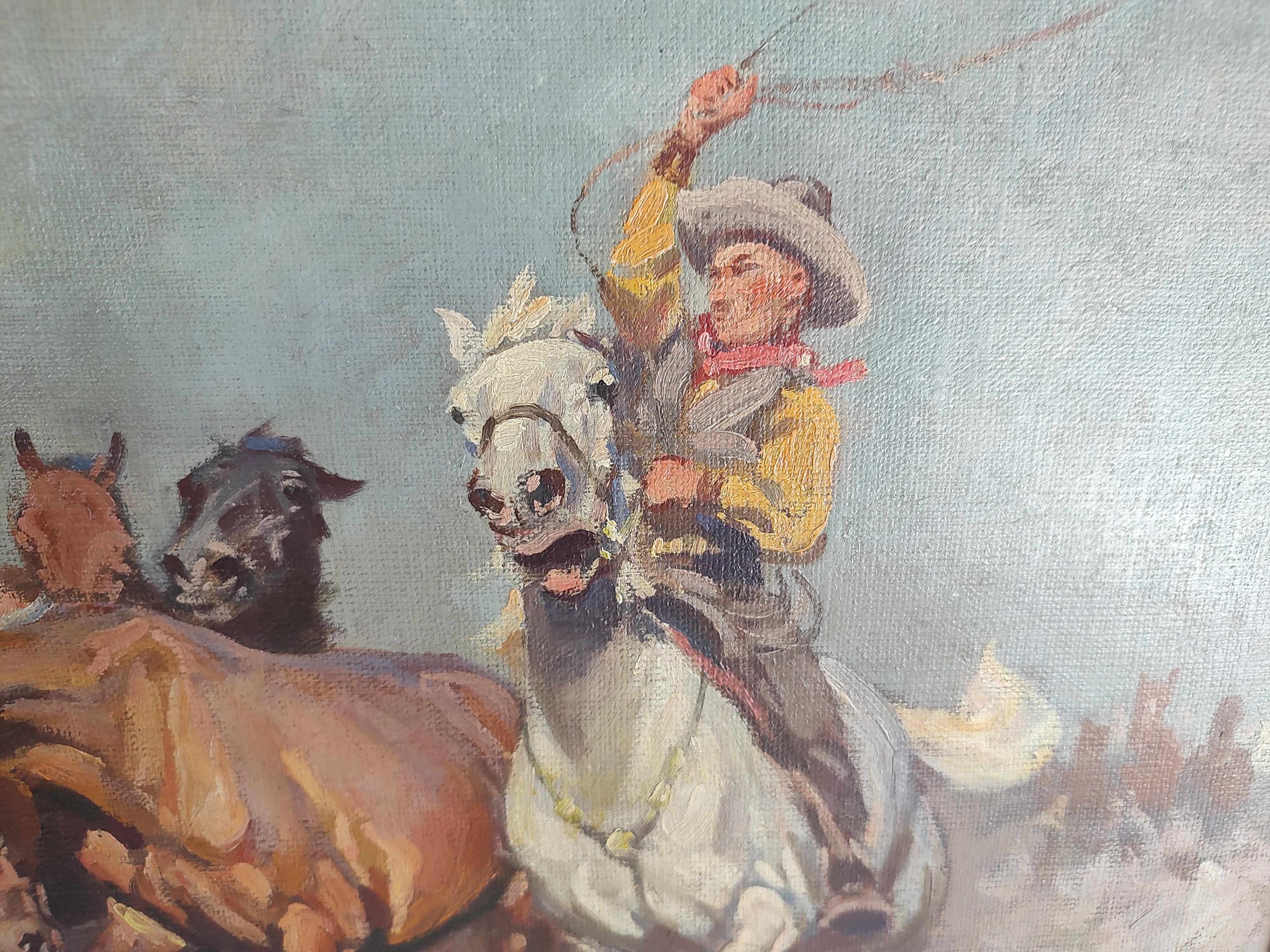 Early 20th Century Cowboy Roping Wild Horses Scene Janos Viski Hungarian Artist 2