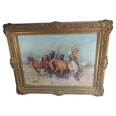 Early 20th Century Cowboy Roping Wild Horses Scene Janos Viski Hungarian Artist