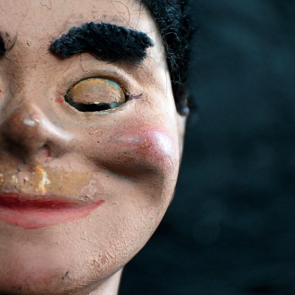Mid-Century Modern Early 20th century Creepy Glass Eyed English puppet head.   For Sale