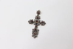 Early 20th Century Cross Pendant in Gold, Silver and Rubies
