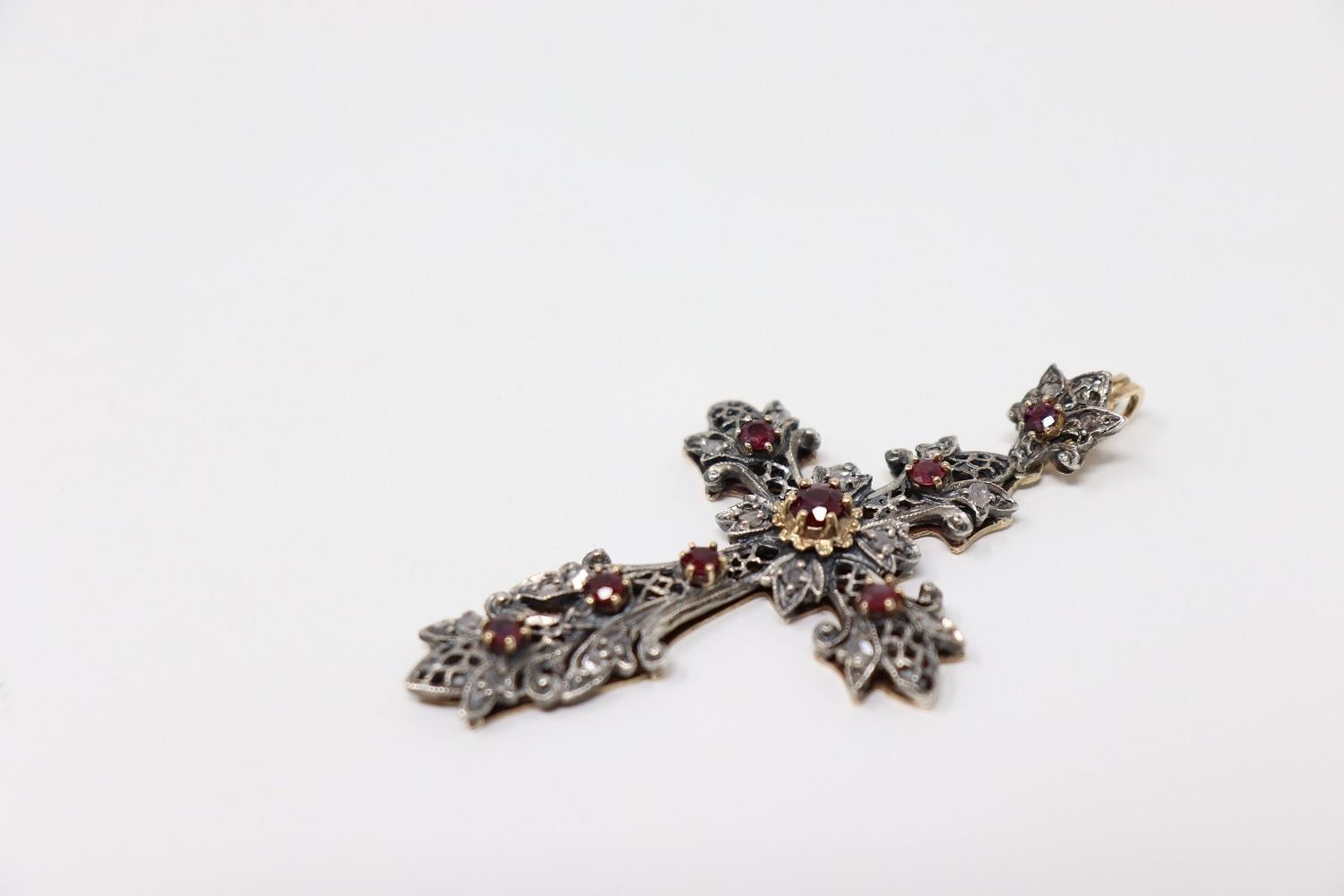 Uncut Early 20th Century Cross Pendant in Gold, Silver and Rubies For Sale