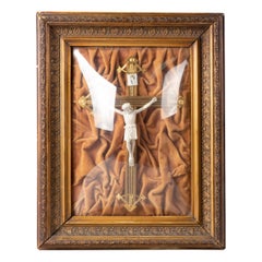 Antique Early 20th Century Crusifix in Wooden Gilt Frame with Convex Glass