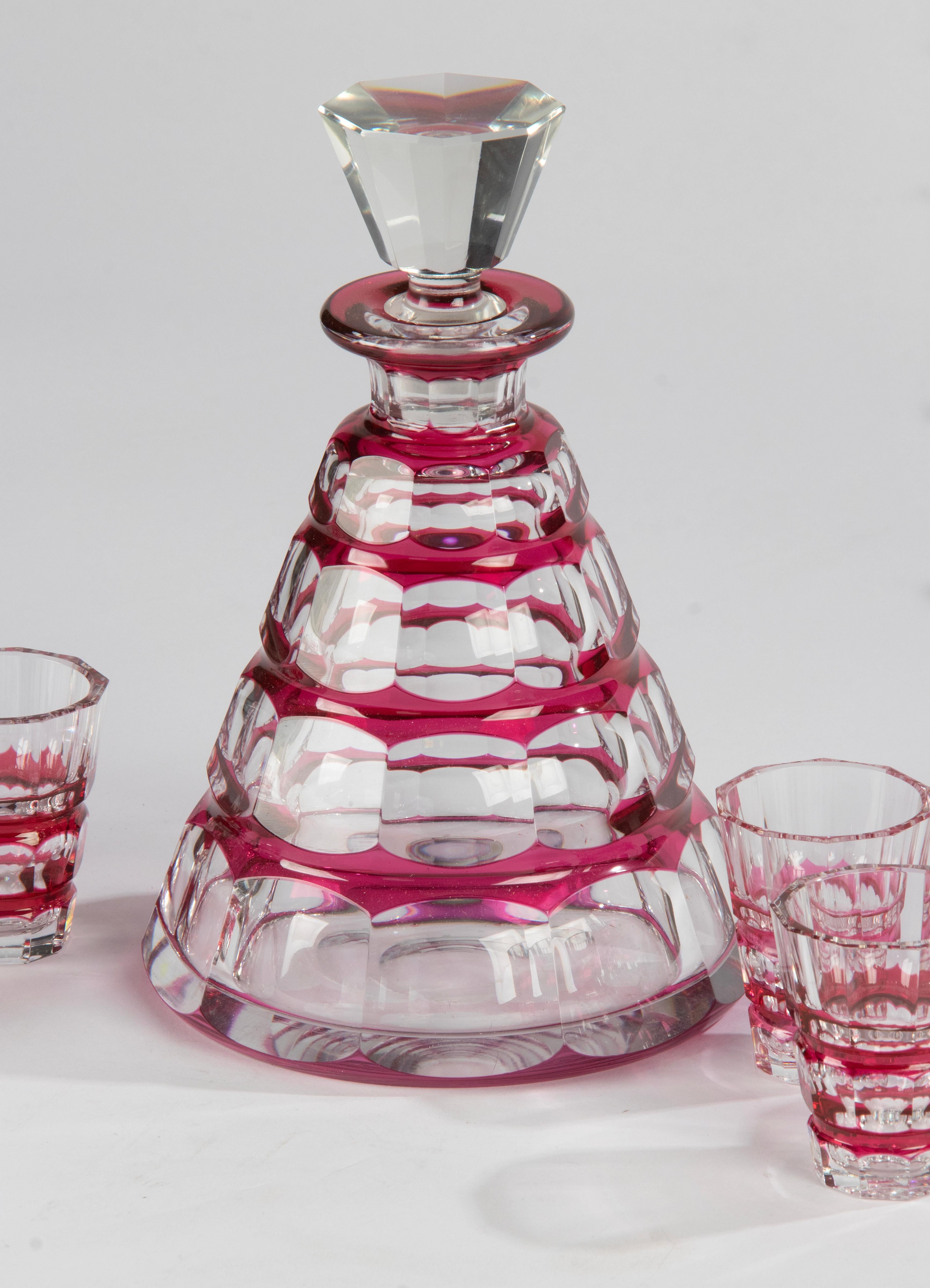 Hand-Crafted Early 20th Century Crystal Art Deco Decanter + 6 Glasses - Val Saint Lambert For Sale