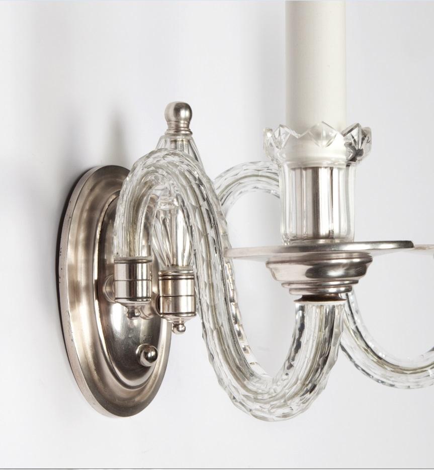 Early 20th Century Crystal Double Light Silver Plate Sconces In Good Condition In New York, NY