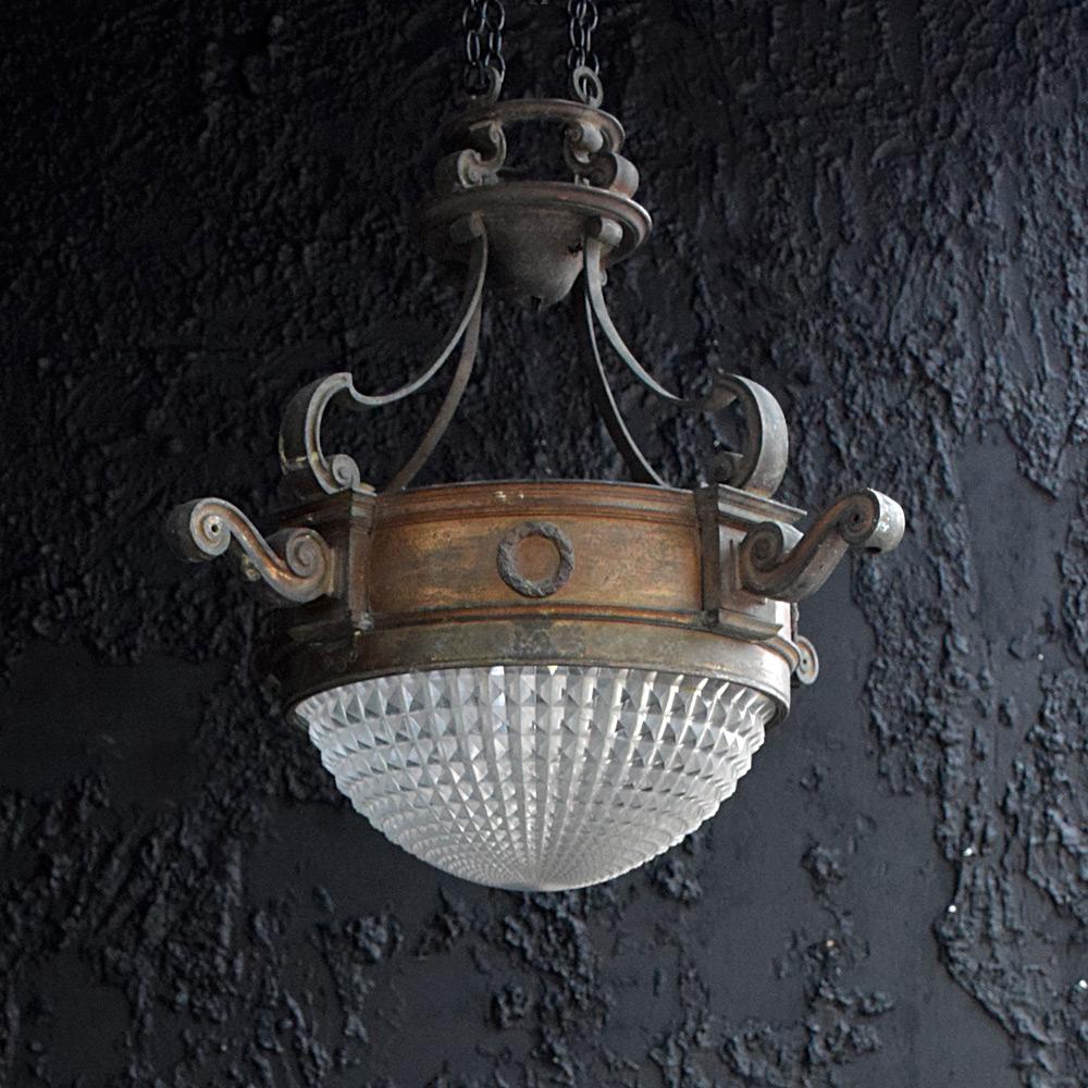 Early 20th Century Crystal Holophane Bronze Ceiling Light 5