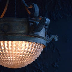 Early 20th Century Crystal Holophane Bronze Ceiling Light