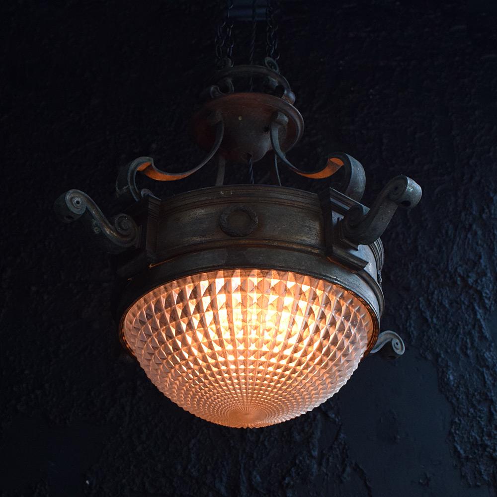 Early 20th Century Crystal Holophane Bronze Ceiling Light 2