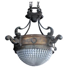 Early 20th Century Crystal Holophane Bronze Ceiling Light
