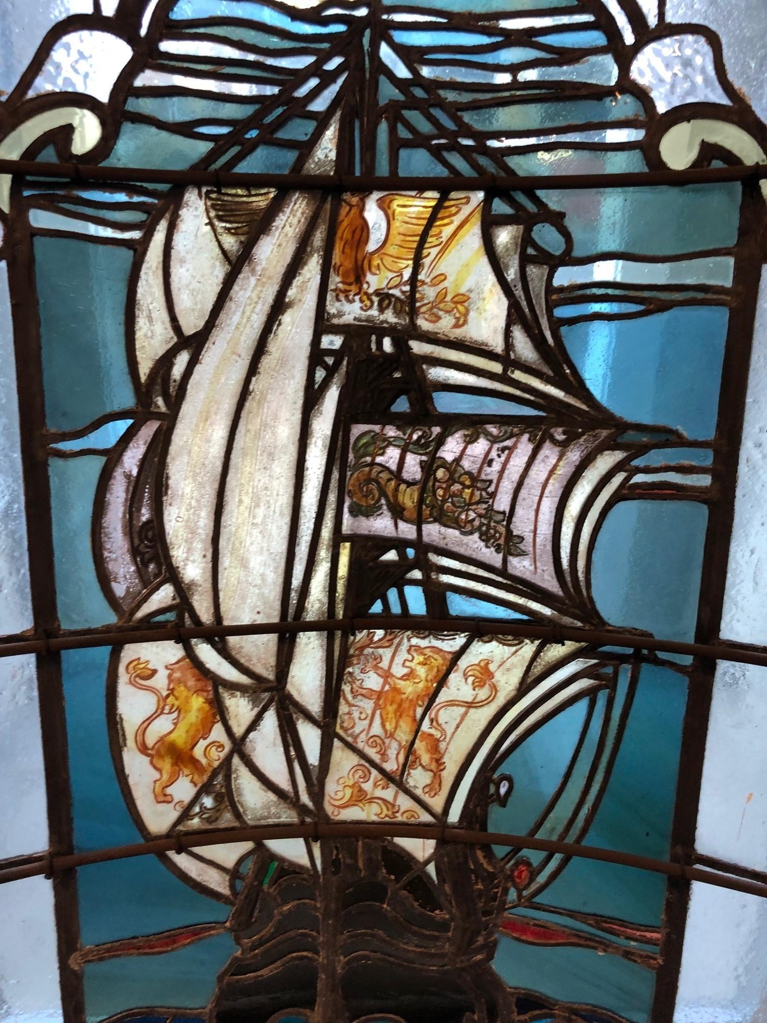 Early 20th Century Curved Stainglass Window of a Sailing Ship 5