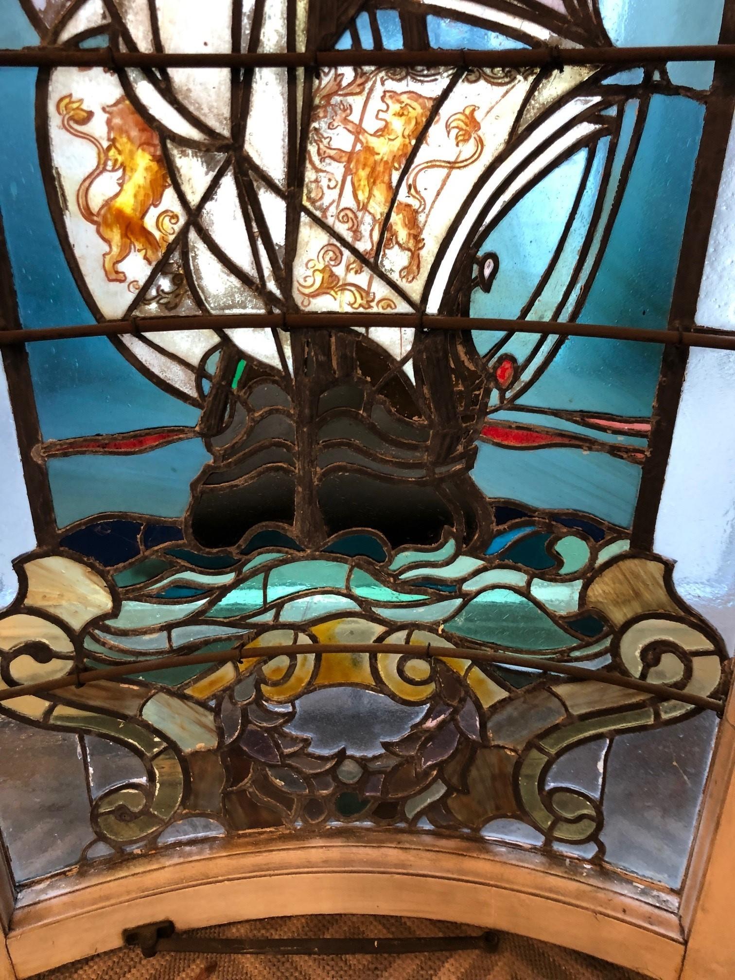 Early 20th Century Curved Stainglass Window of a Sailing Ship 6