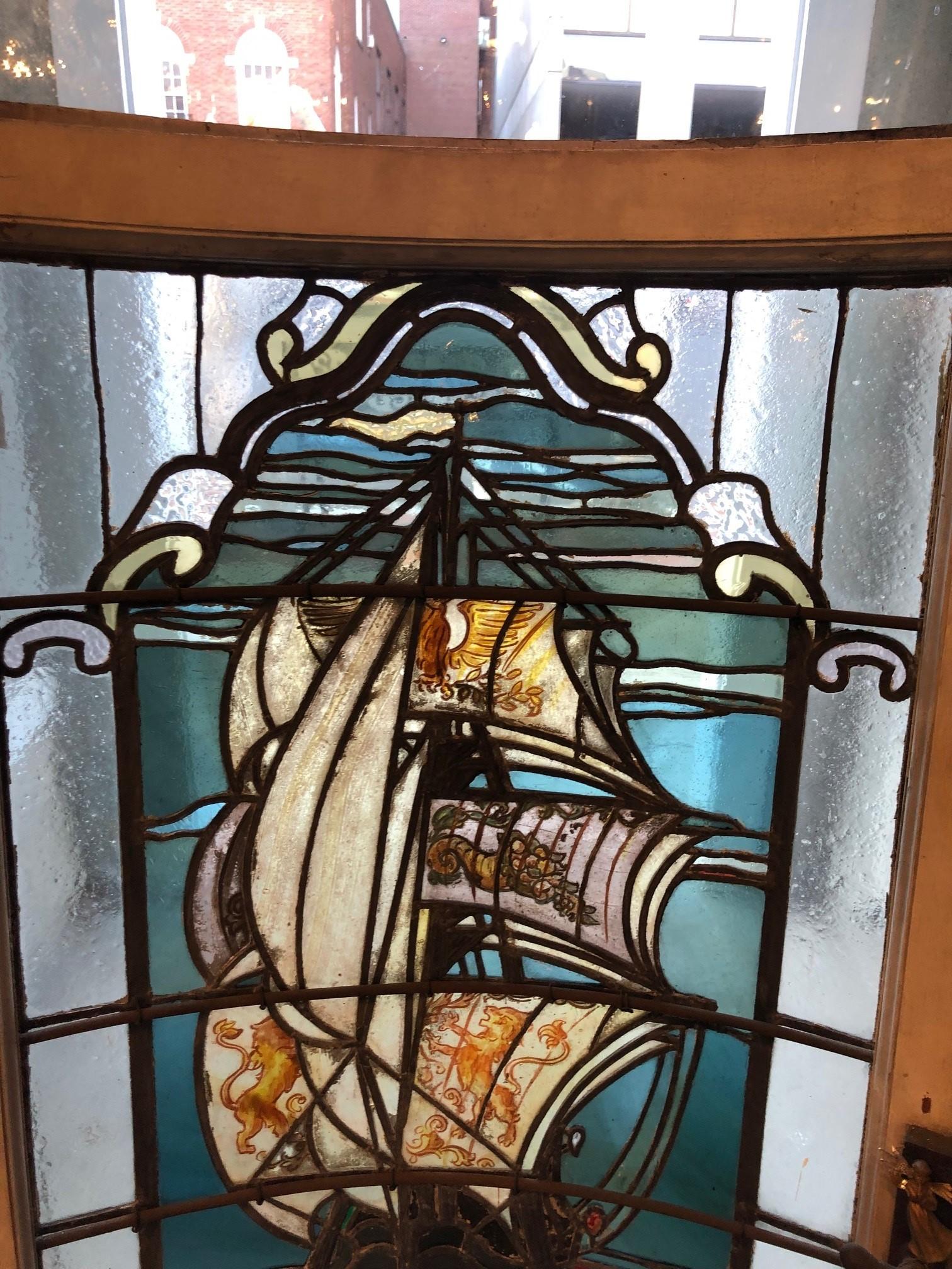 Early 20th Century Curved Stainglass Window of a Sailing Ship 7