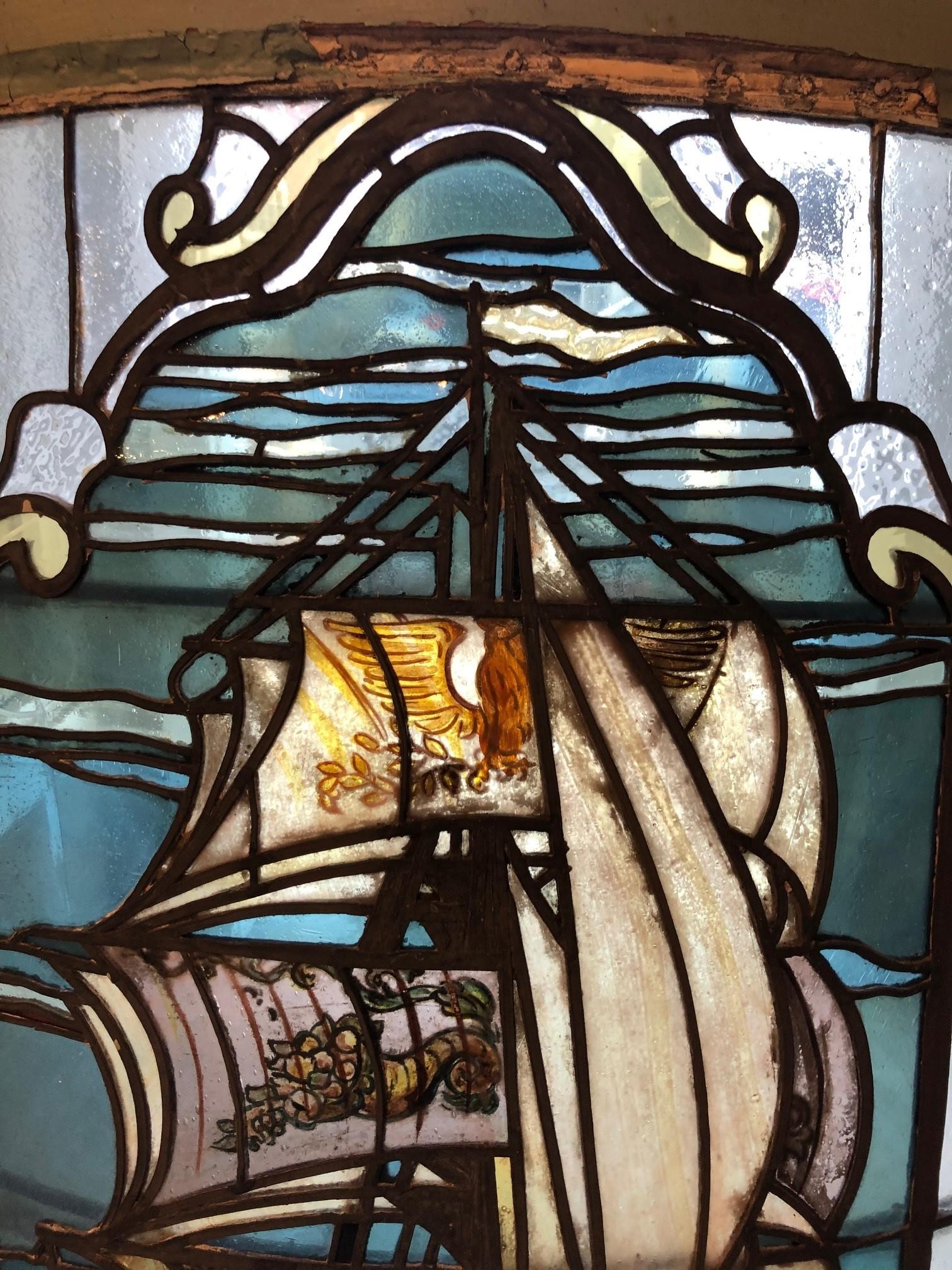 American Early 20th Century Curved Stainglass Window of a Sailing Ship