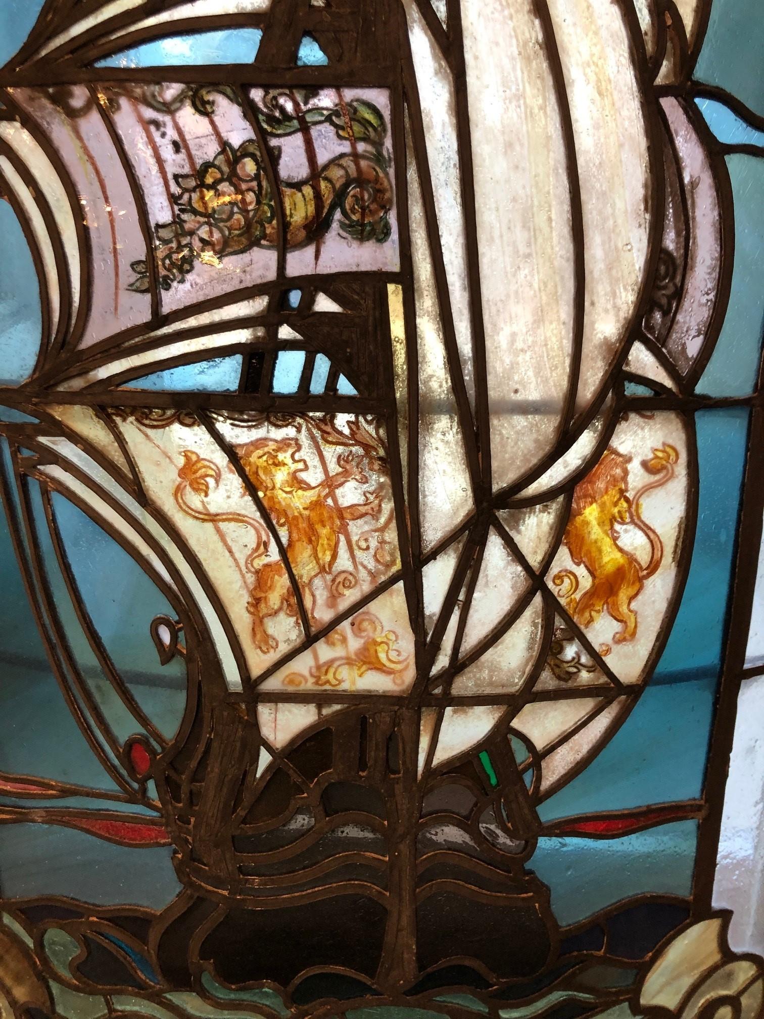Early 20th Century Curved Stainglass Window of a Sailing Ship In Good Condition In Stamford, CT