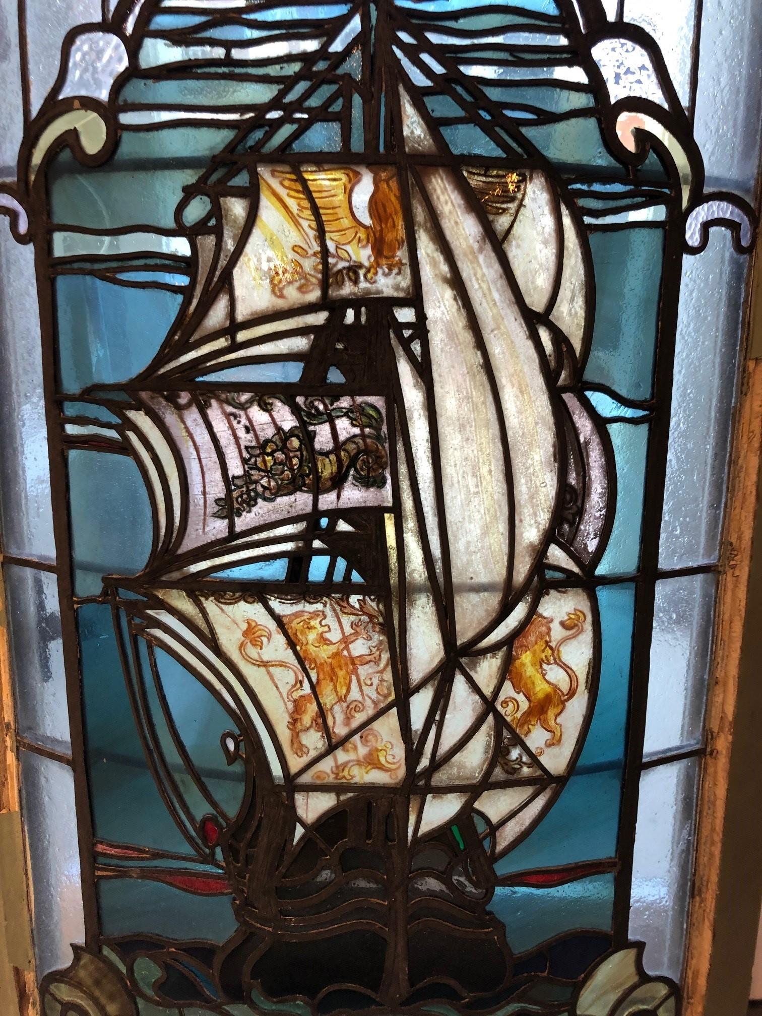 Stained Glass Early 20th Century Curved Stainglass Window of a Sailing Ship