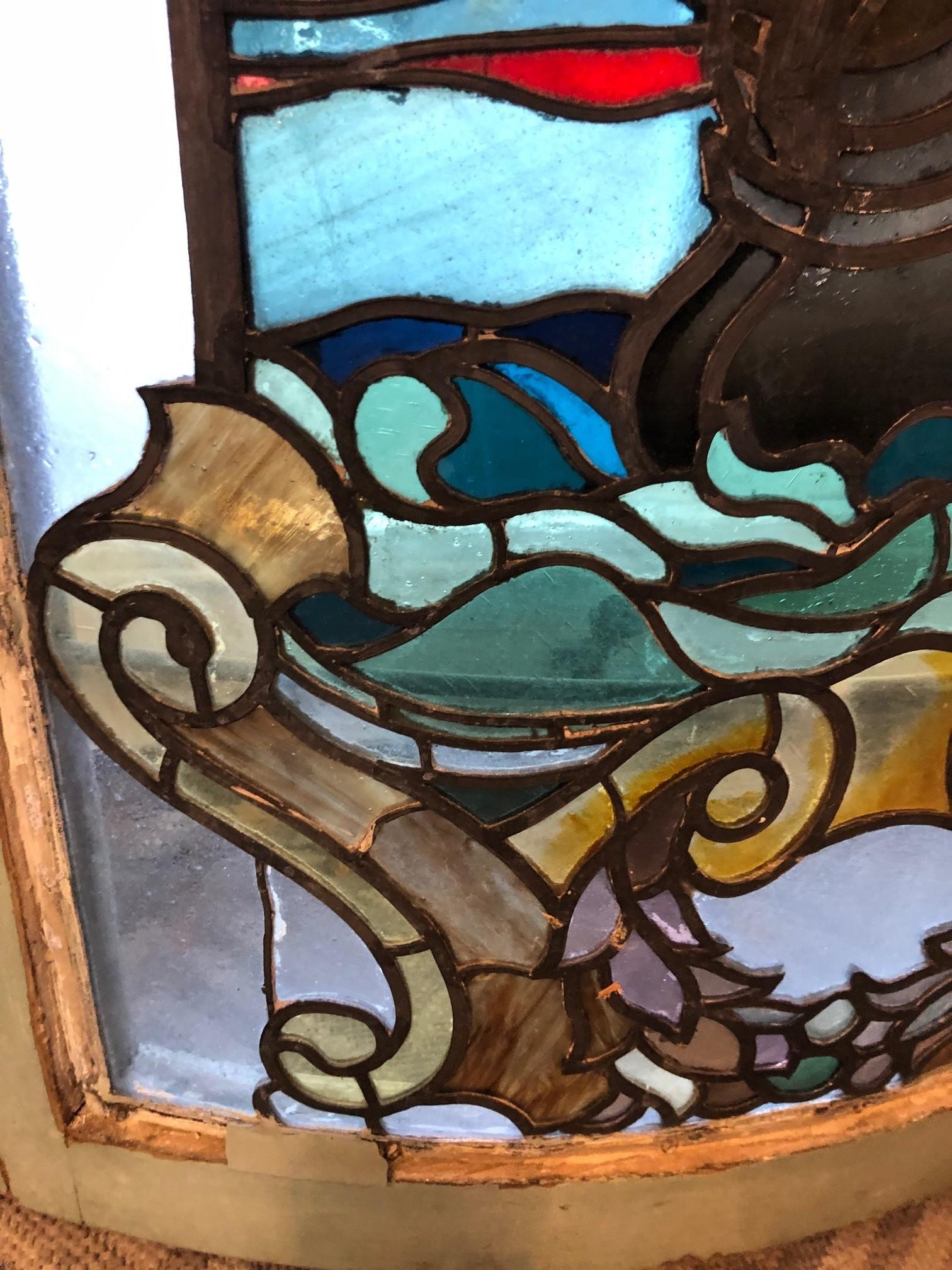 Early 20th Century Curved Stainglass Window of a Sailing Ship 1