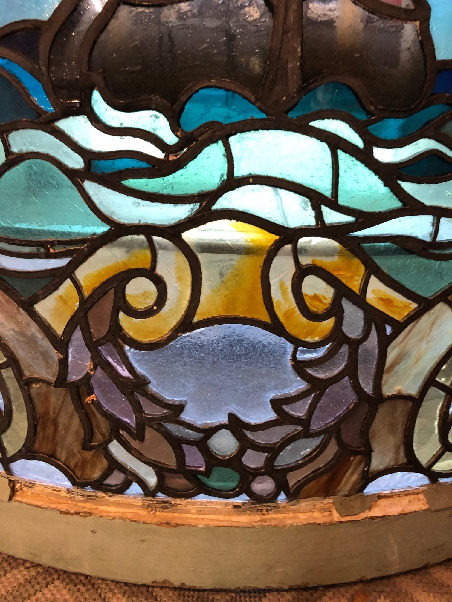 Early 20th Century Curved Stainglass Window of a Sailing Ship 2
