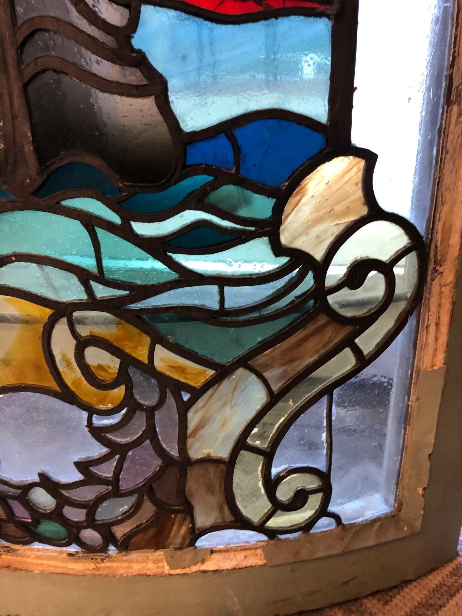 Early 20th Century Curved Stainglass Window of a Sailing Ship 3