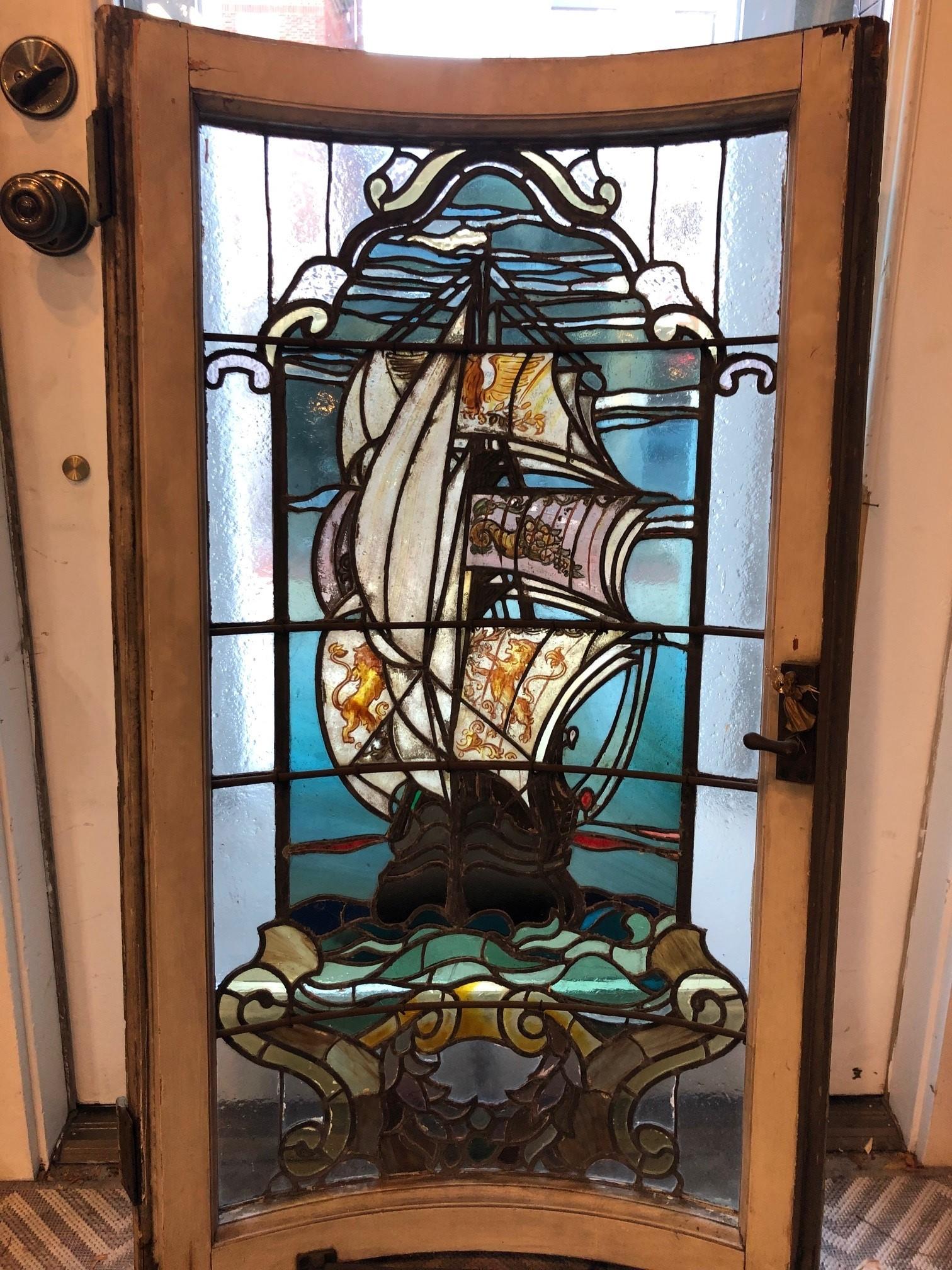 Early 20th Century Curved Stainglass Window of a Sailing Ship 4