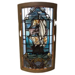Early 20th Century Curved Stainglass Window of a Sailing Ship