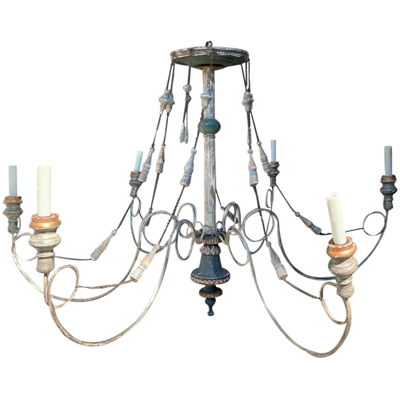 Early 20th Century Custom Painted Wood, Iron, Tole Six-Arm Tassels Chandelier