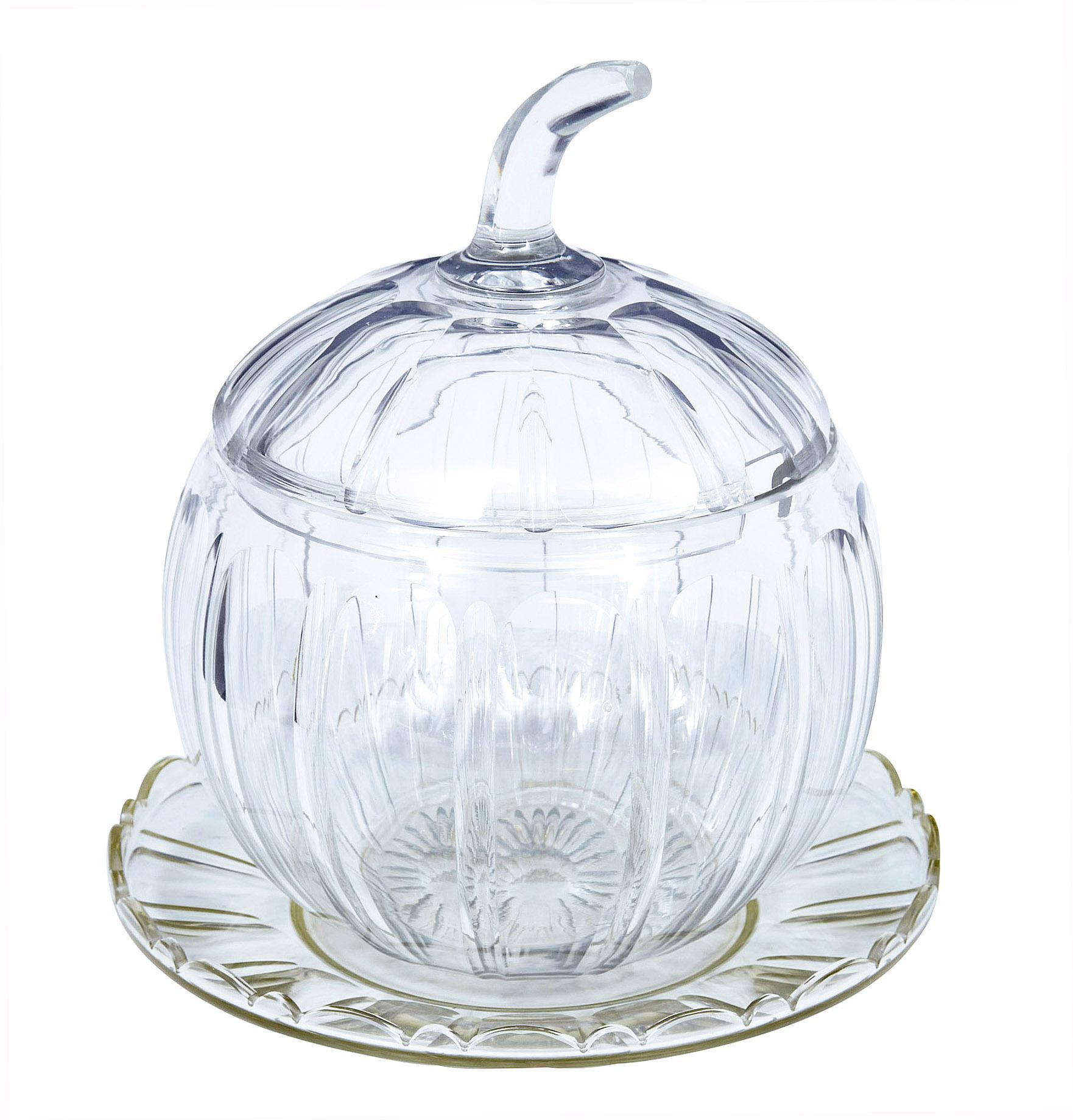 Bol à punch en verre taillé en forme de citrouille pour Halloween, datant du début du 20e siècle, circa 1920.

Un bol à punch en forme de citrouille de belle qualité, avec couvercle et plaque en verre taillé d'origine.  Fourni avec une louche à