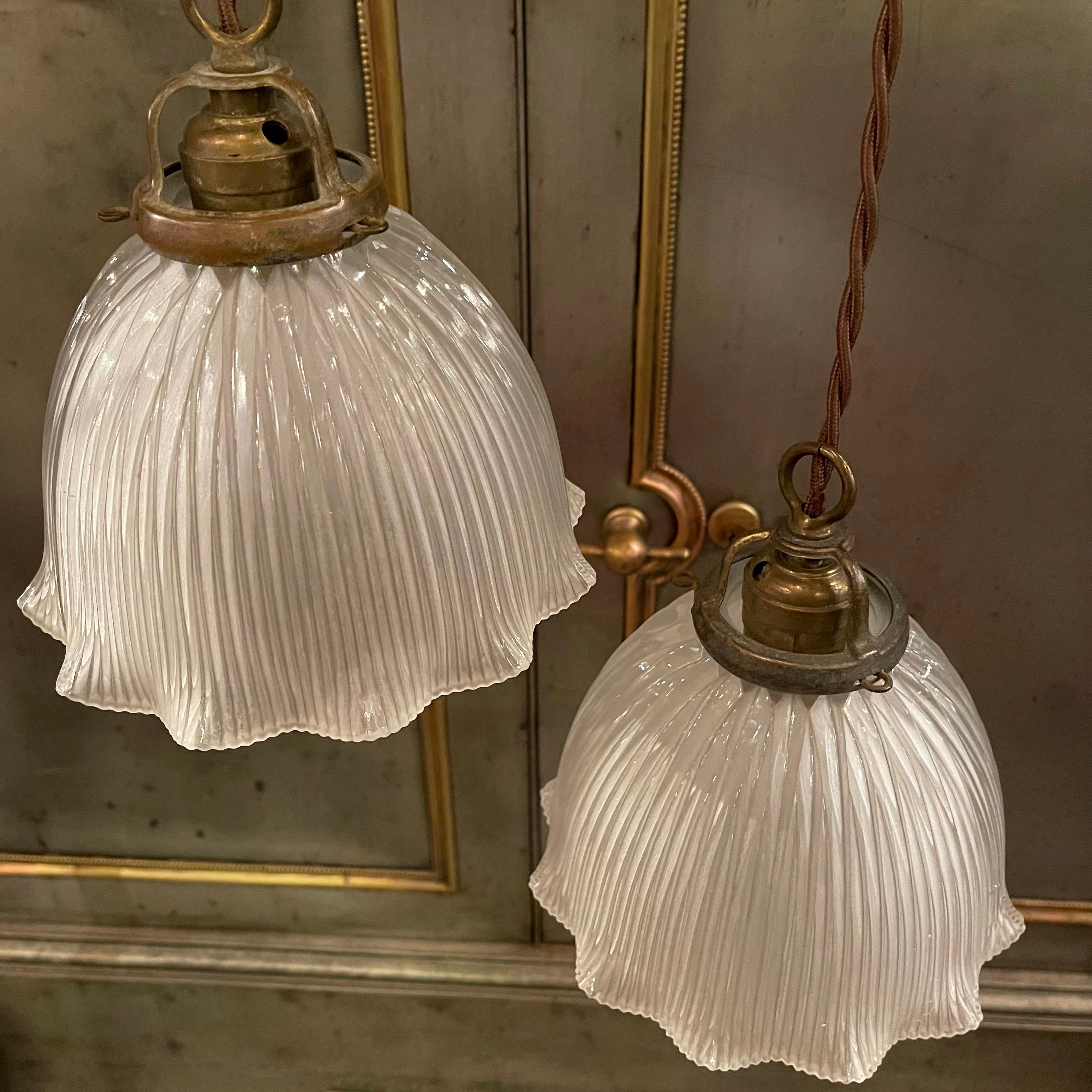Early 20th Century Cut Glass Ruffled Dome Pendant Light In Good Condition In Brooklyn, NY