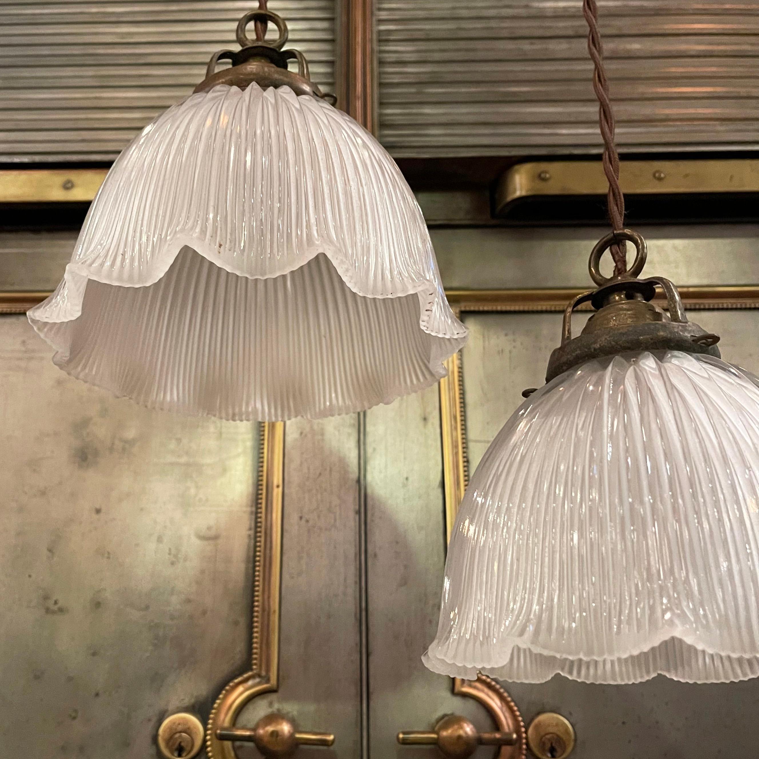 Brass Early 20th Century Cut Glass Ruffled Dome Pendant Light